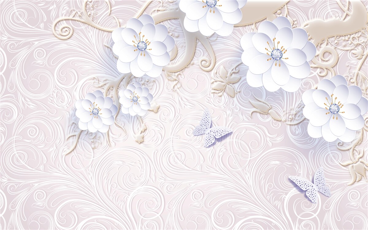 Фотошпалери у повітрі літають білосніжні квіти та метелики