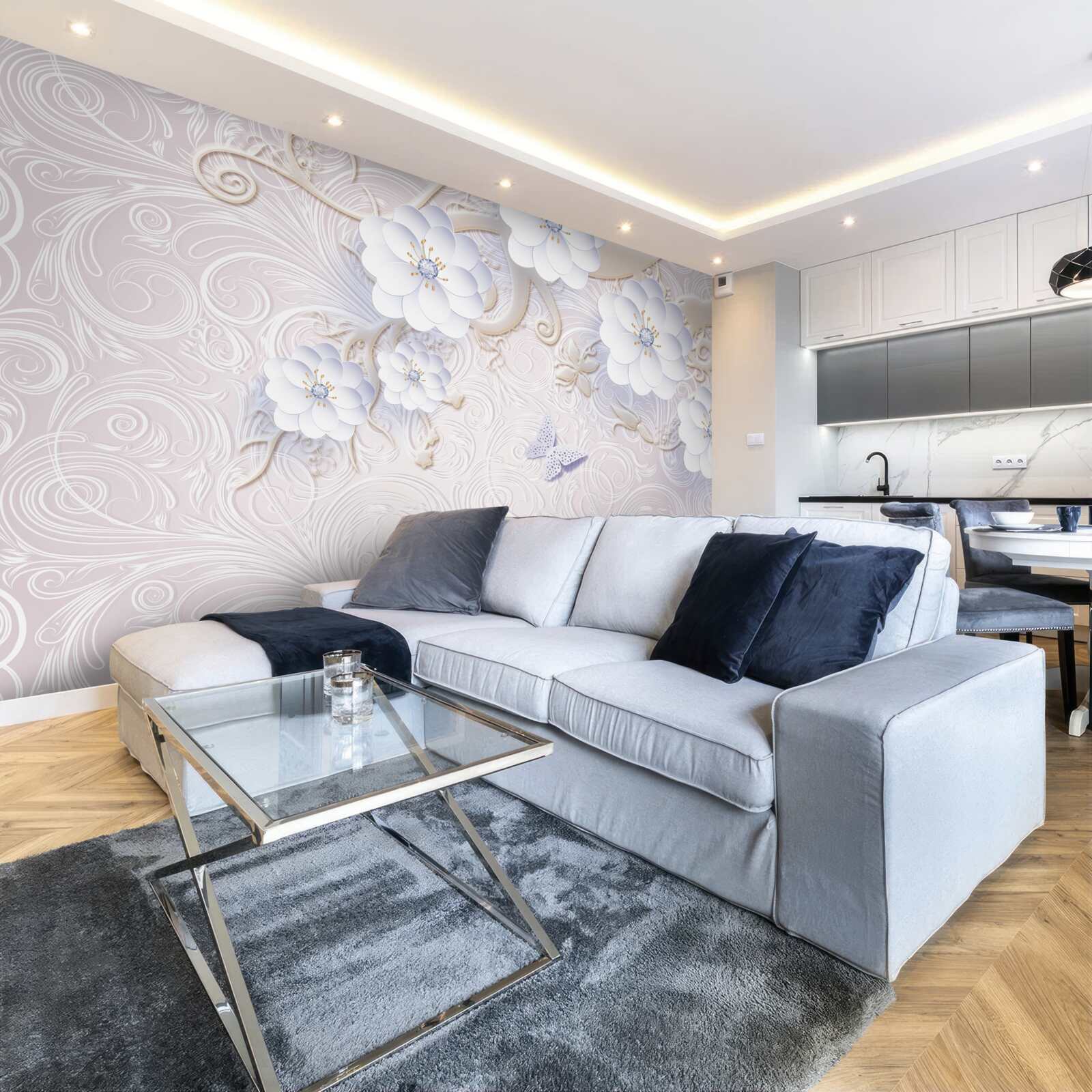 Фотошпалери у повітрі літають білосніжні квіти та метелики