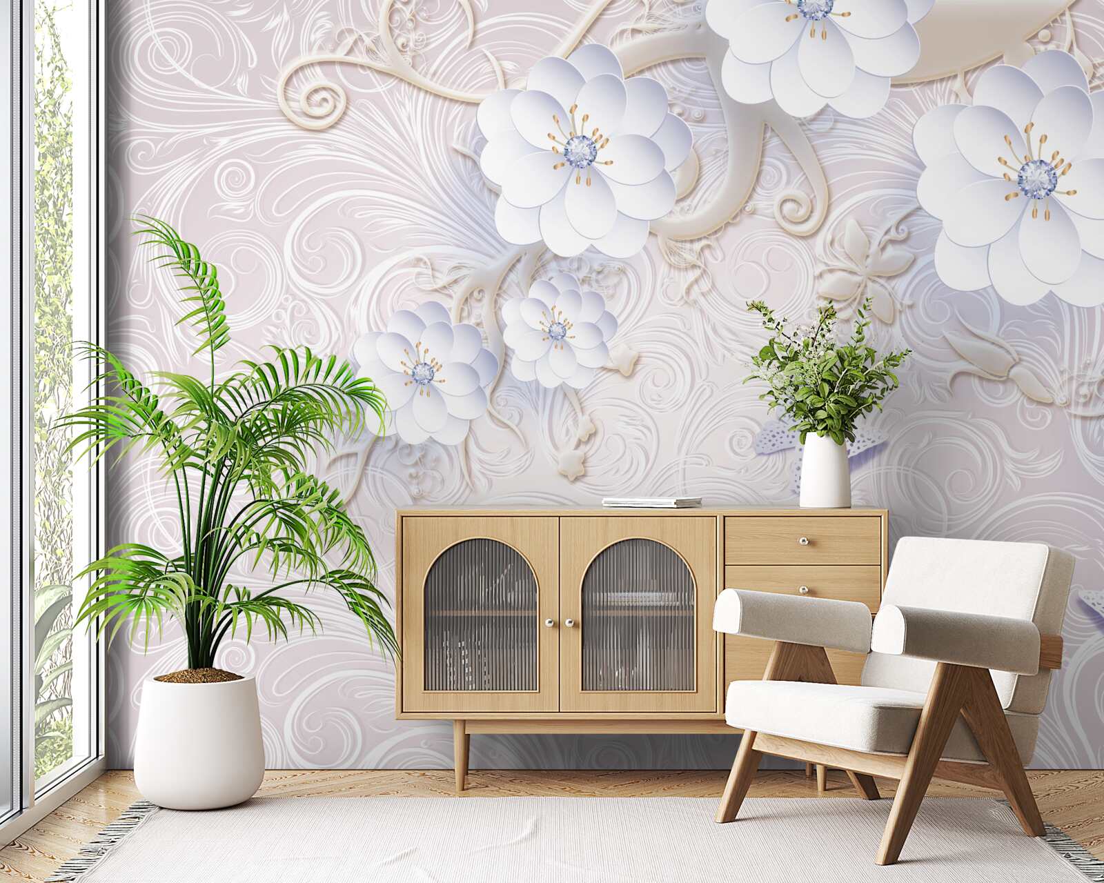 Фотошпалери у повітрі літають білосніжні квіти та метелики