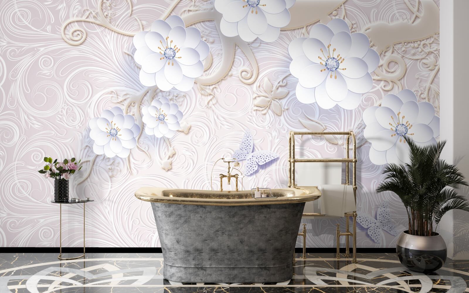 Фотошпалери у повітрі літають білосніжні квіти та метелики