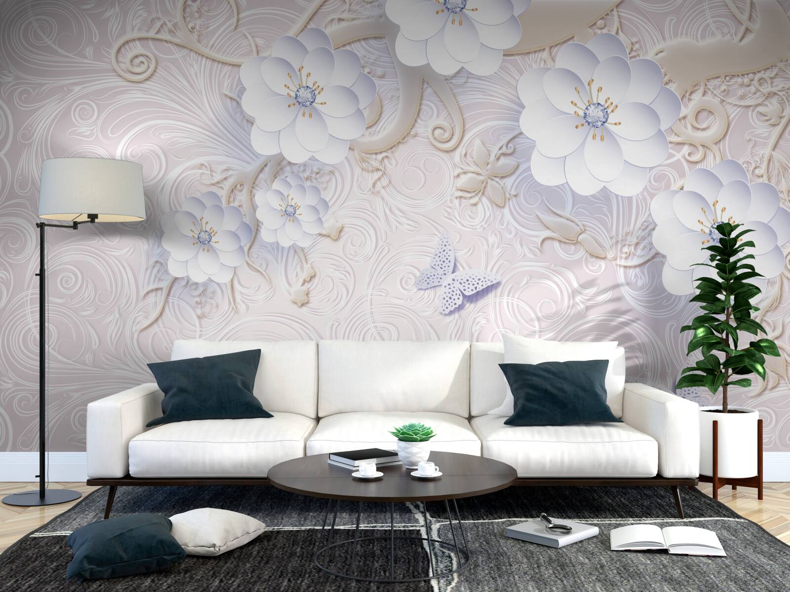 Фотошпалери у повітрі літають білосніжні квіти та метелики