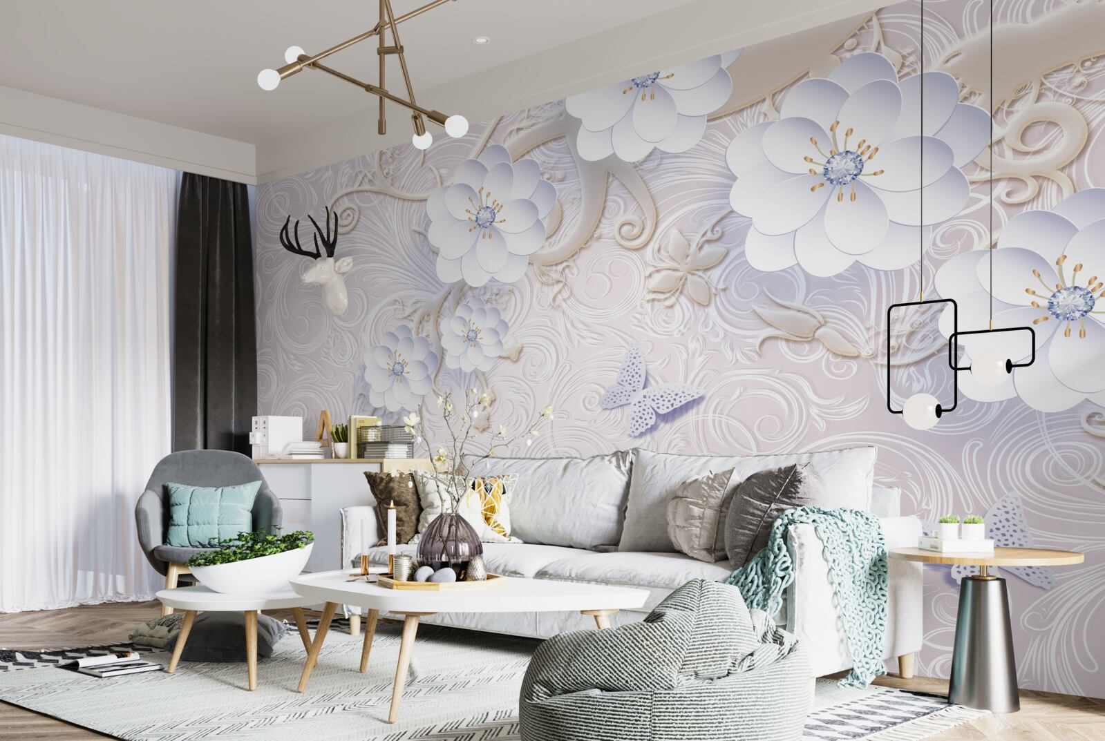 Фотошпалери у повітрі літають білосніжні квіти та метелики