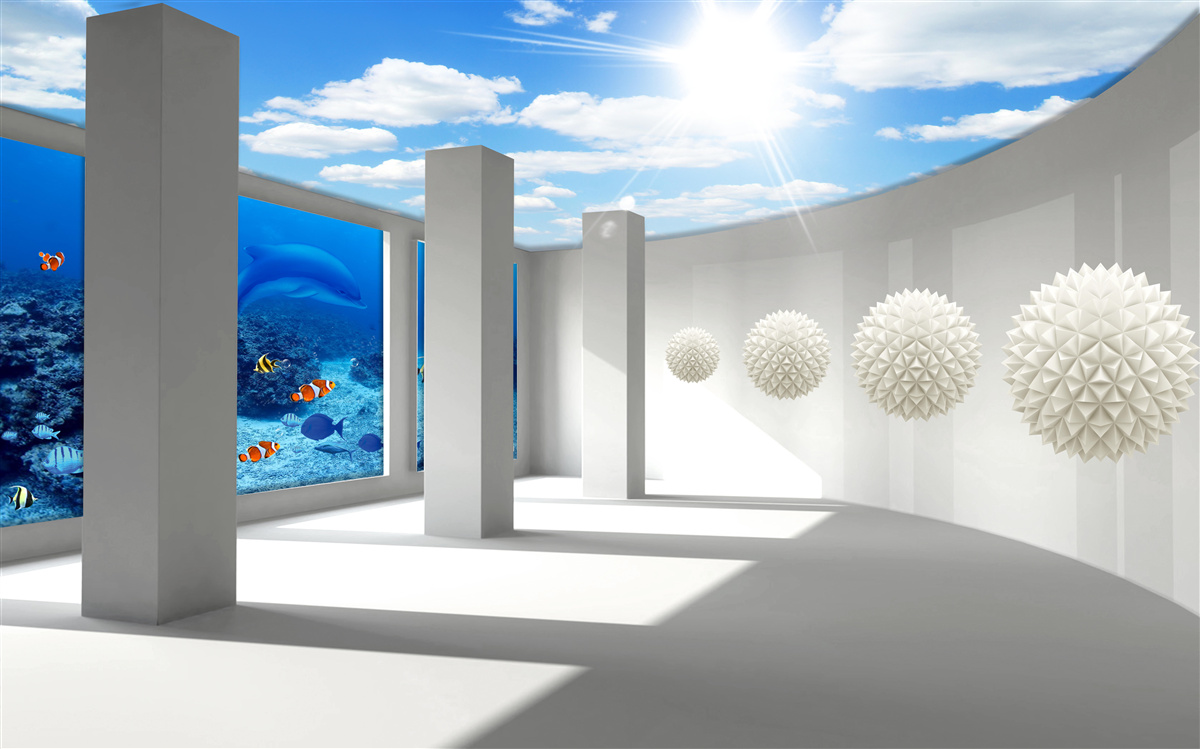 Фотошпалери Білосніжні кулі оточують акваріум під склепінчастим небом
