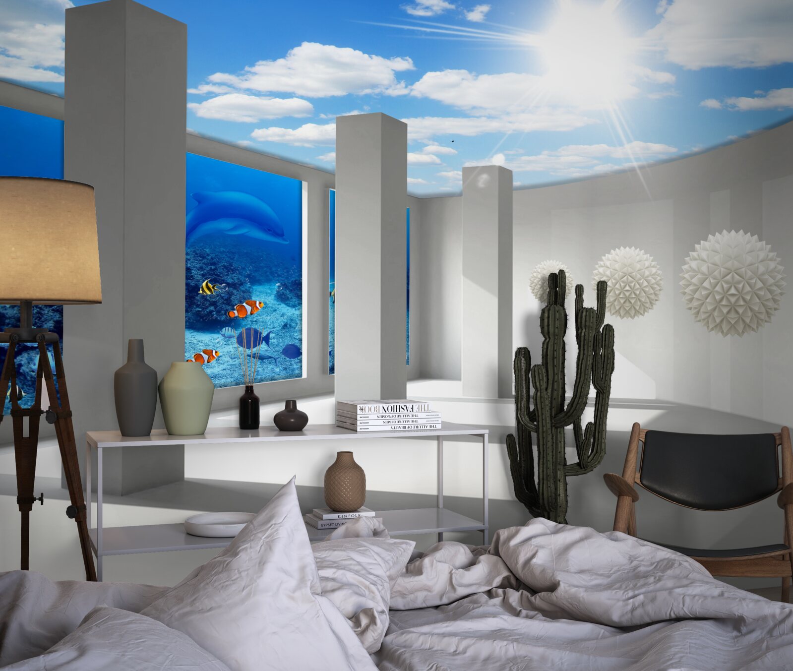 Фотошпалери Білосніжні кулі оточують акваріум під склепінчастим небом