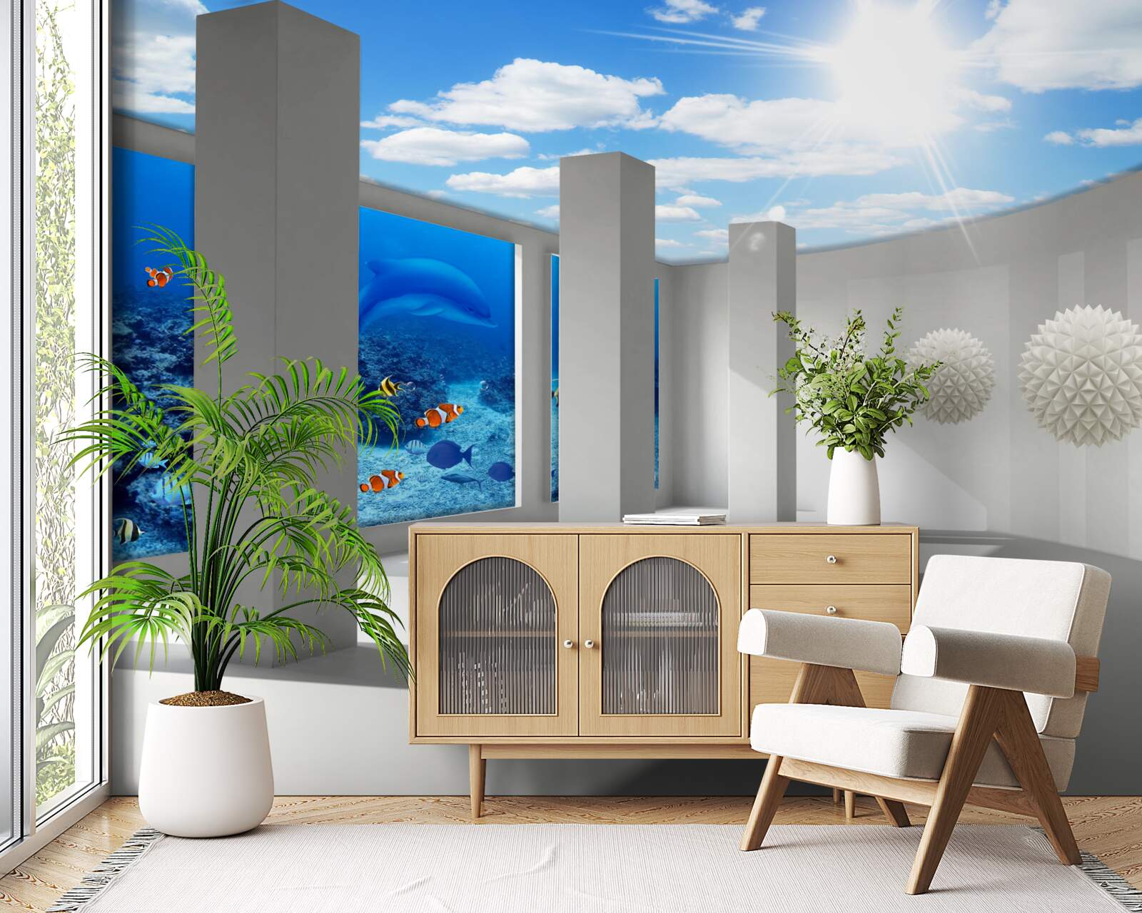 Фотошпалери Білосніжні кулі оточують акваріум під склепінчастим небом