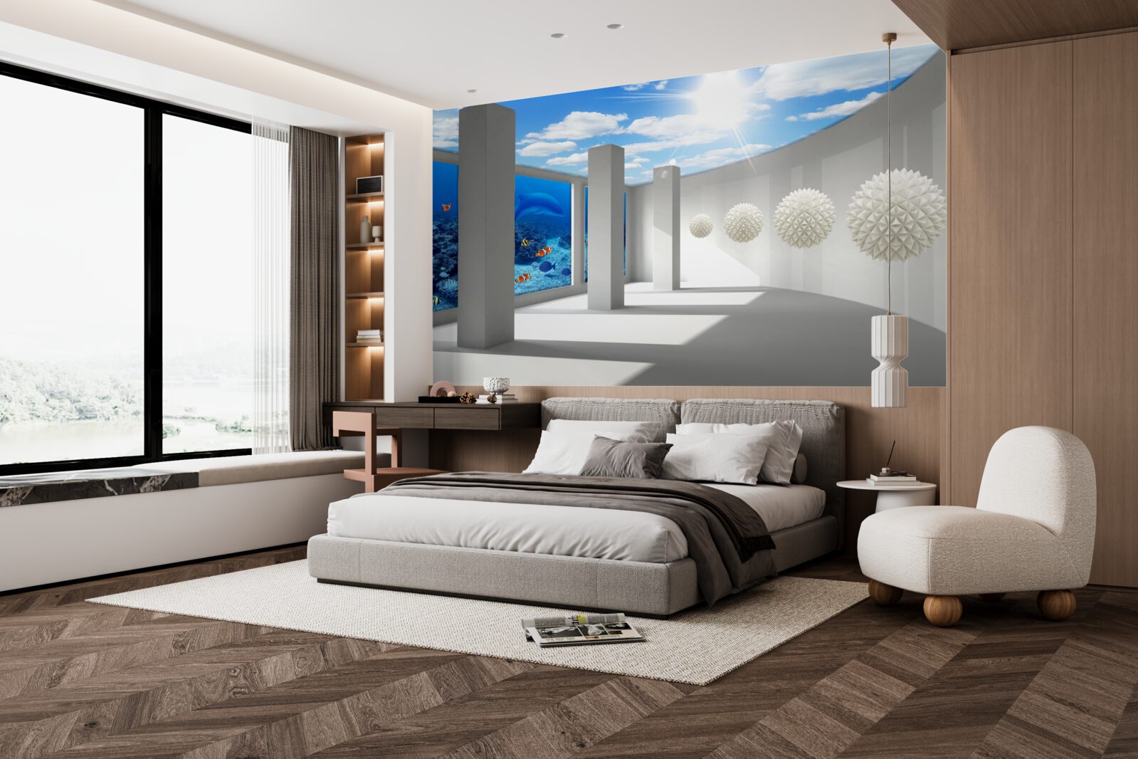 Фотошпалери Білосніжні кулі оточують акваріум під склепінчастим небом