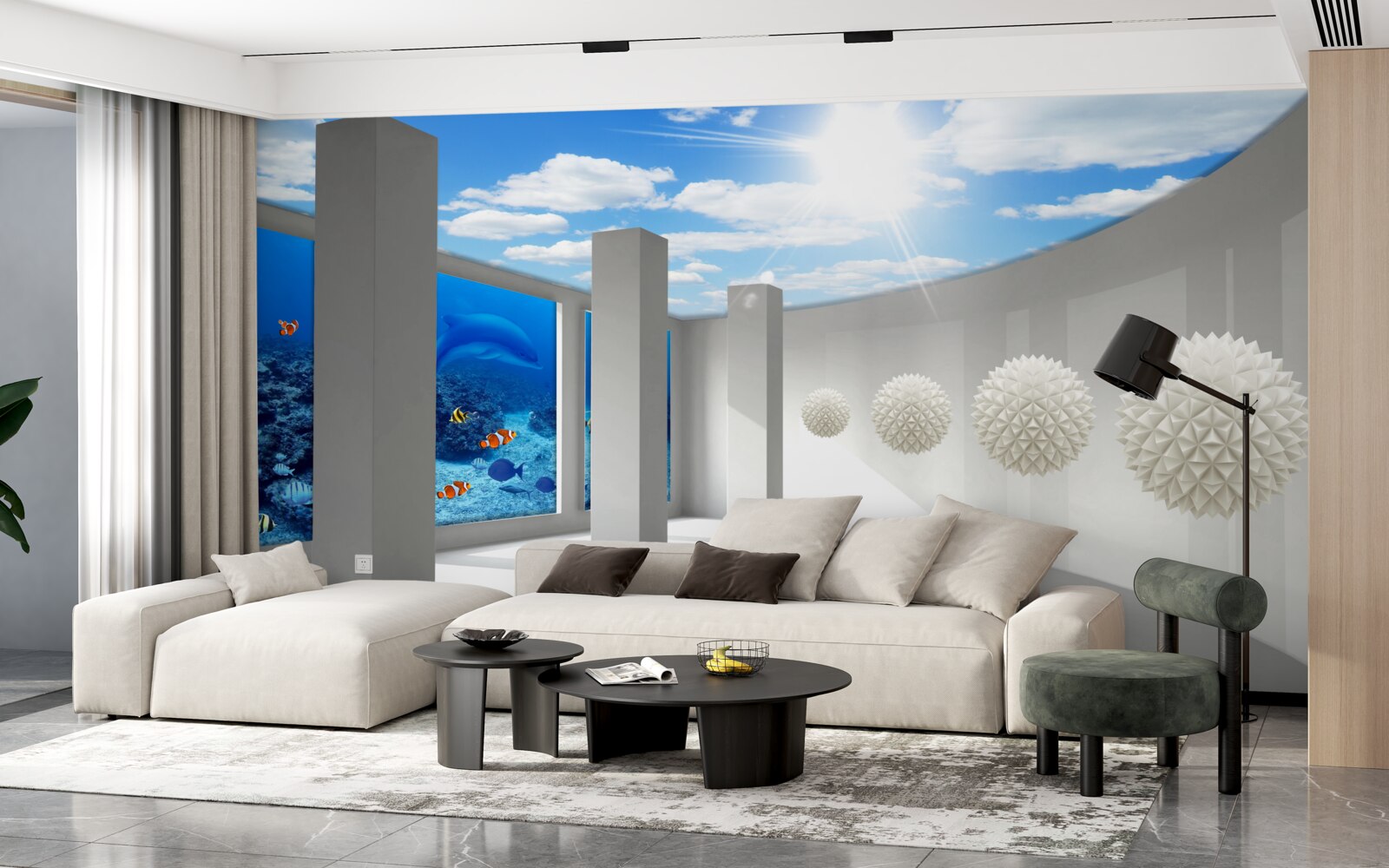 Фотошпалери Білосніжні кулі оточують акваріум під склепінчастим небом