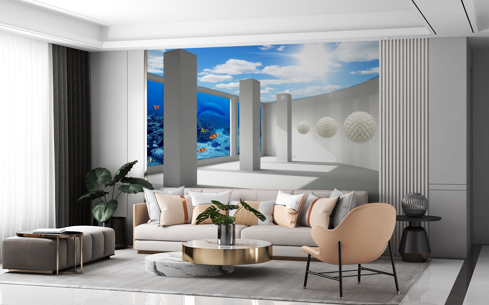 Фотошпалери Білосніжні кулі оточують акваріум під склепінчастим небом