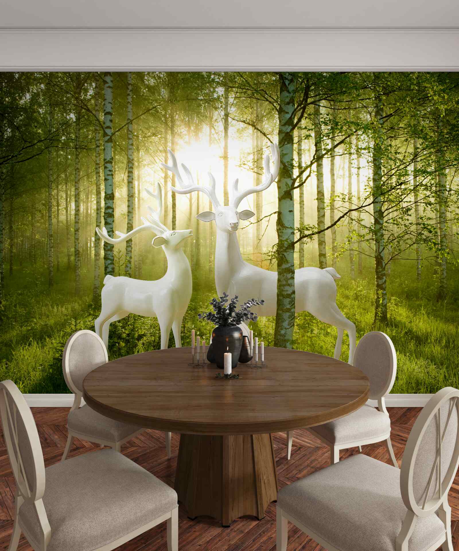 Фотошпалери білі олені в зеленуватому лісі