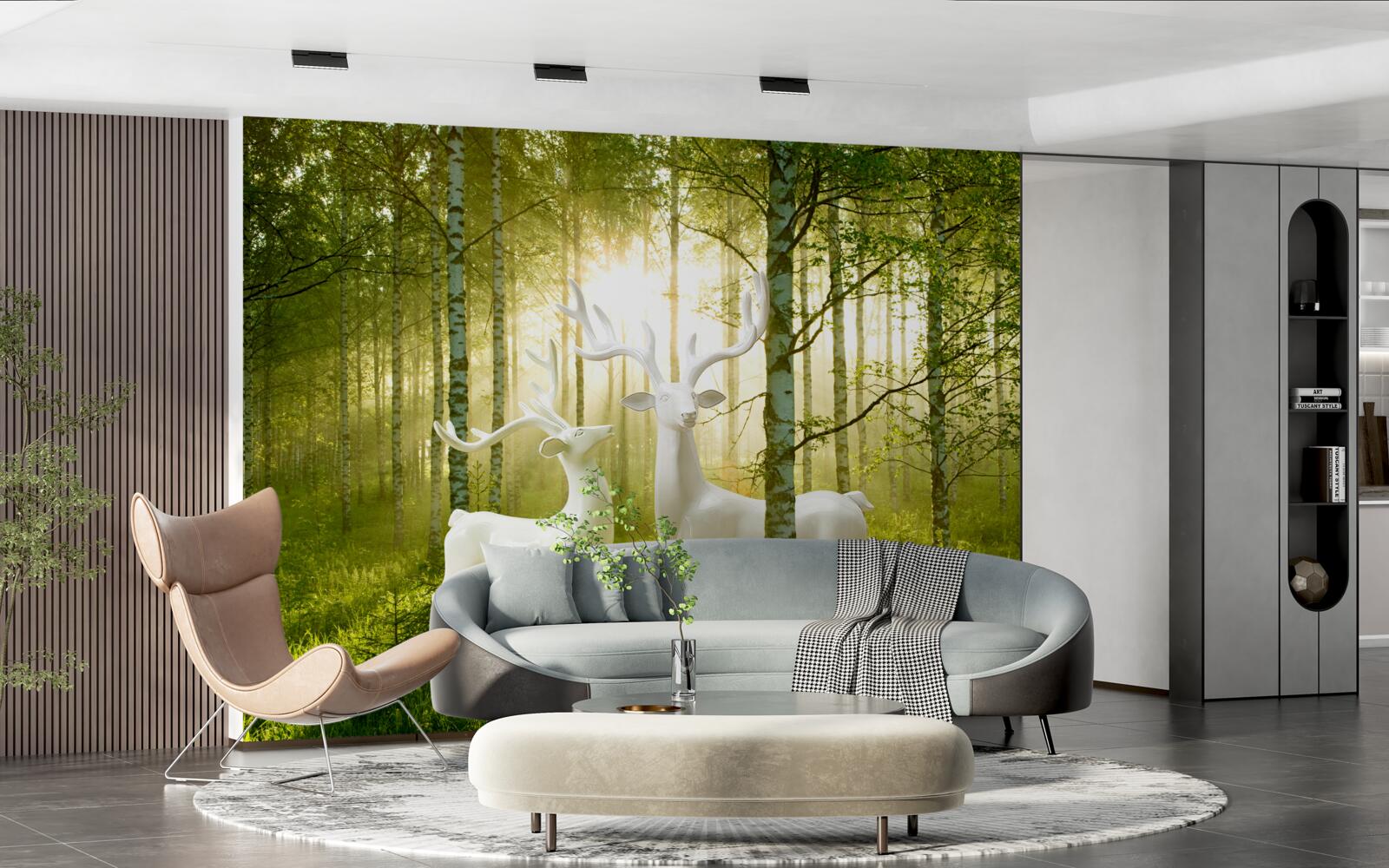 Фотошпалери білі олені в зеленуватому лісі