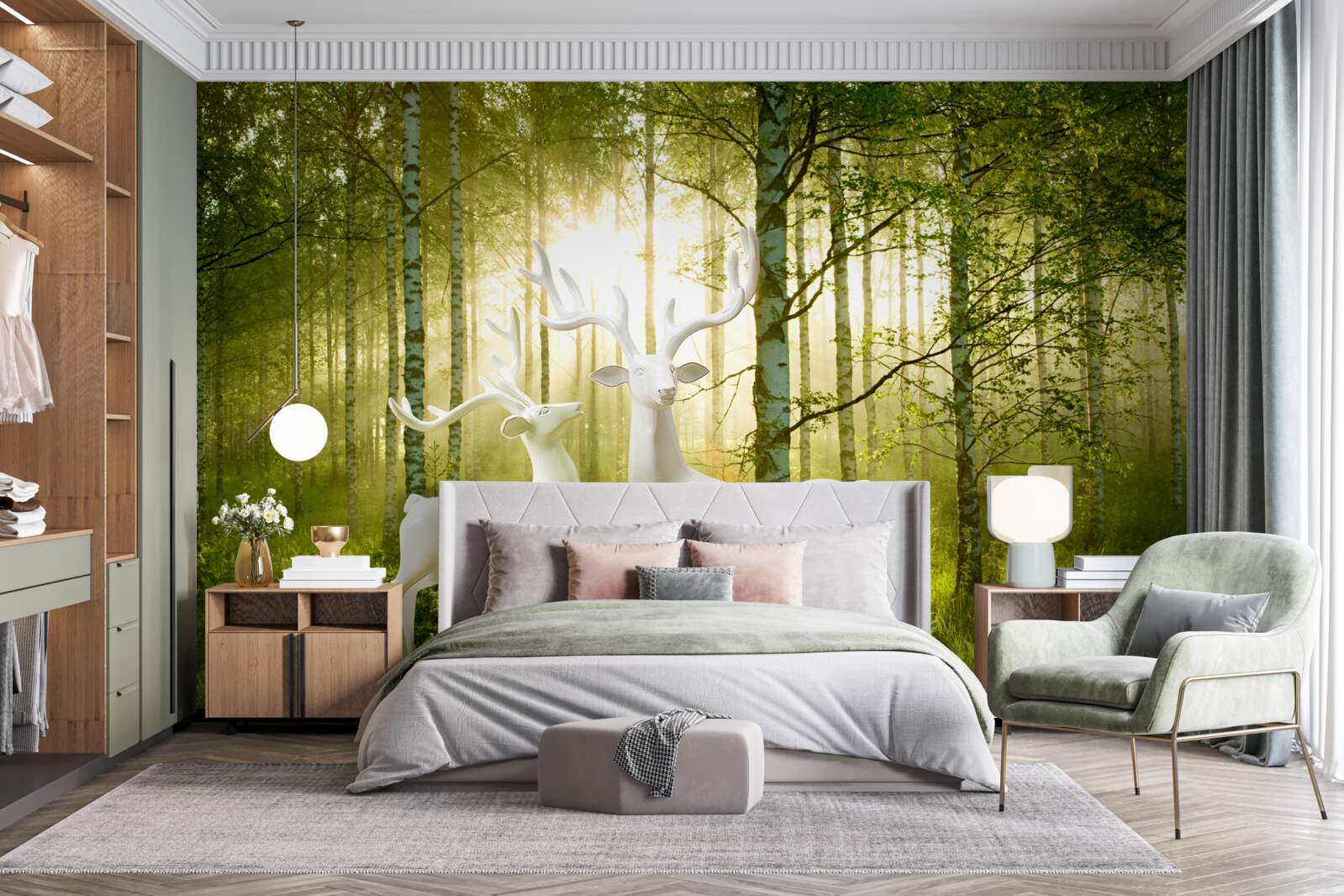 Фотошпалери білі олені в зеленуватому лісі