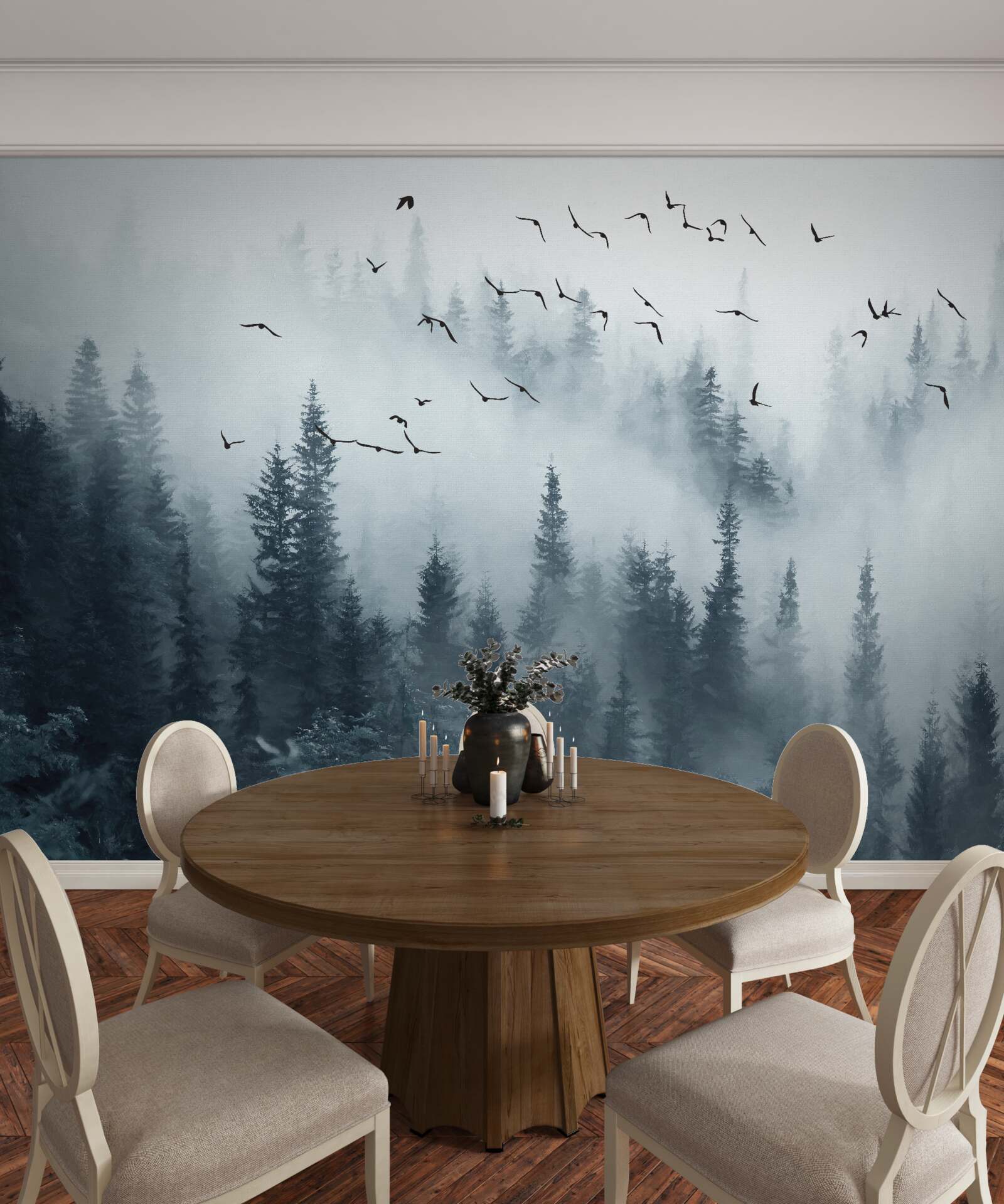 Фотошпалери ліс, оточений туманом, залишається під пролітаючими птахами