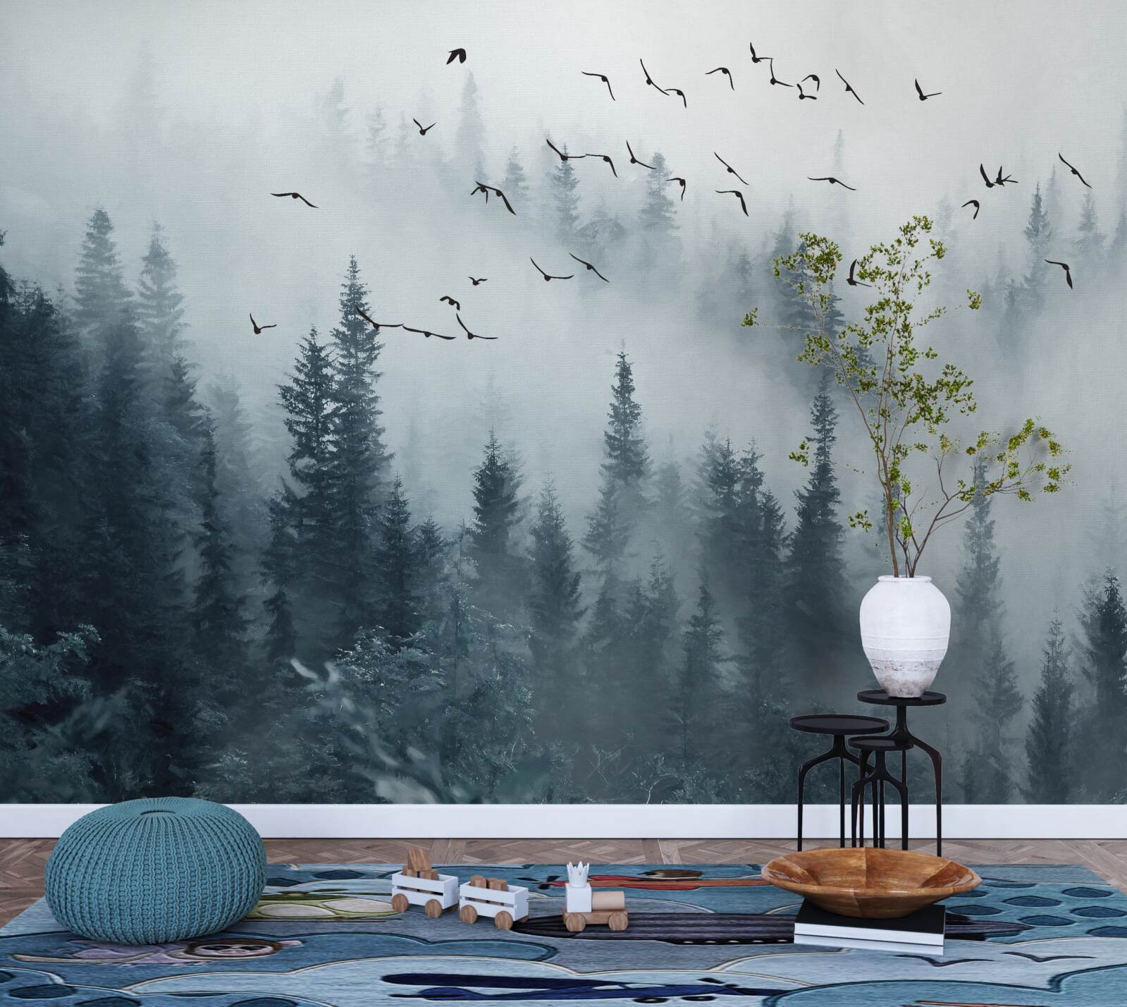 Фотошпалери ліс, оточений туманом, залишається під пролітаючими птахами