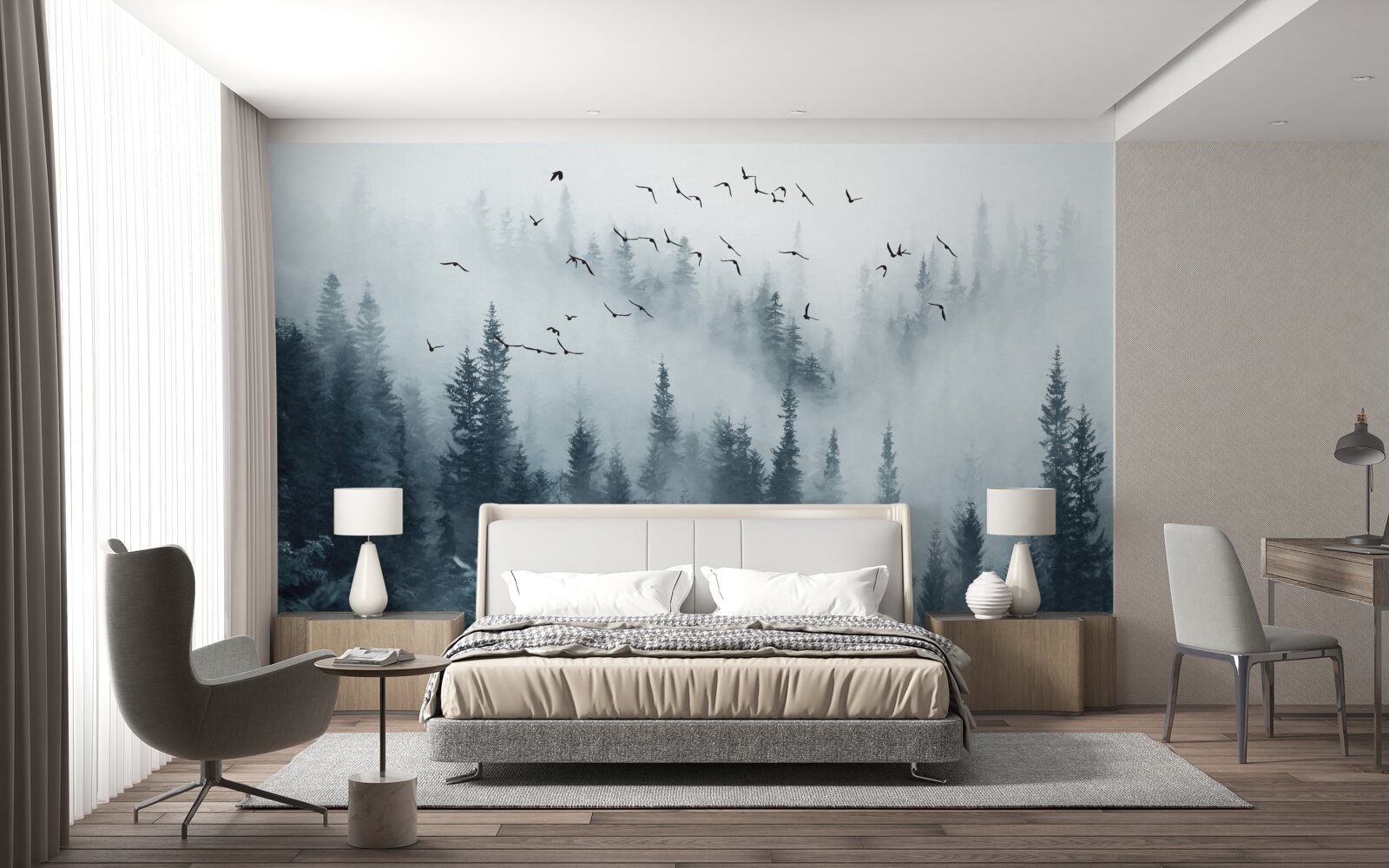 Фотошпалери ліс, оточений туманом, залишається під пролітаючими птахами