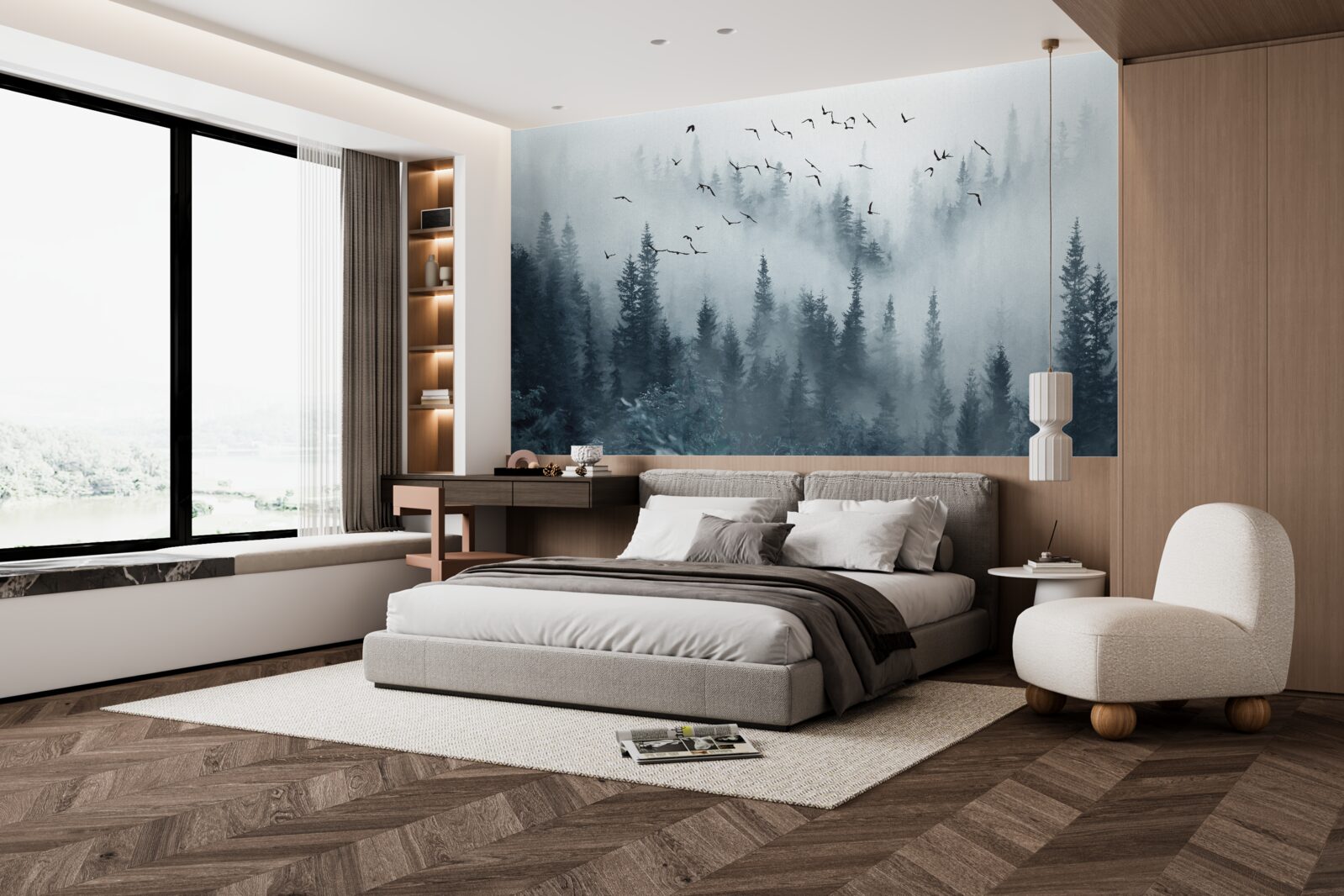 Фотошпалери ліс, оточений туманом, залишається під пролітаючими птахами