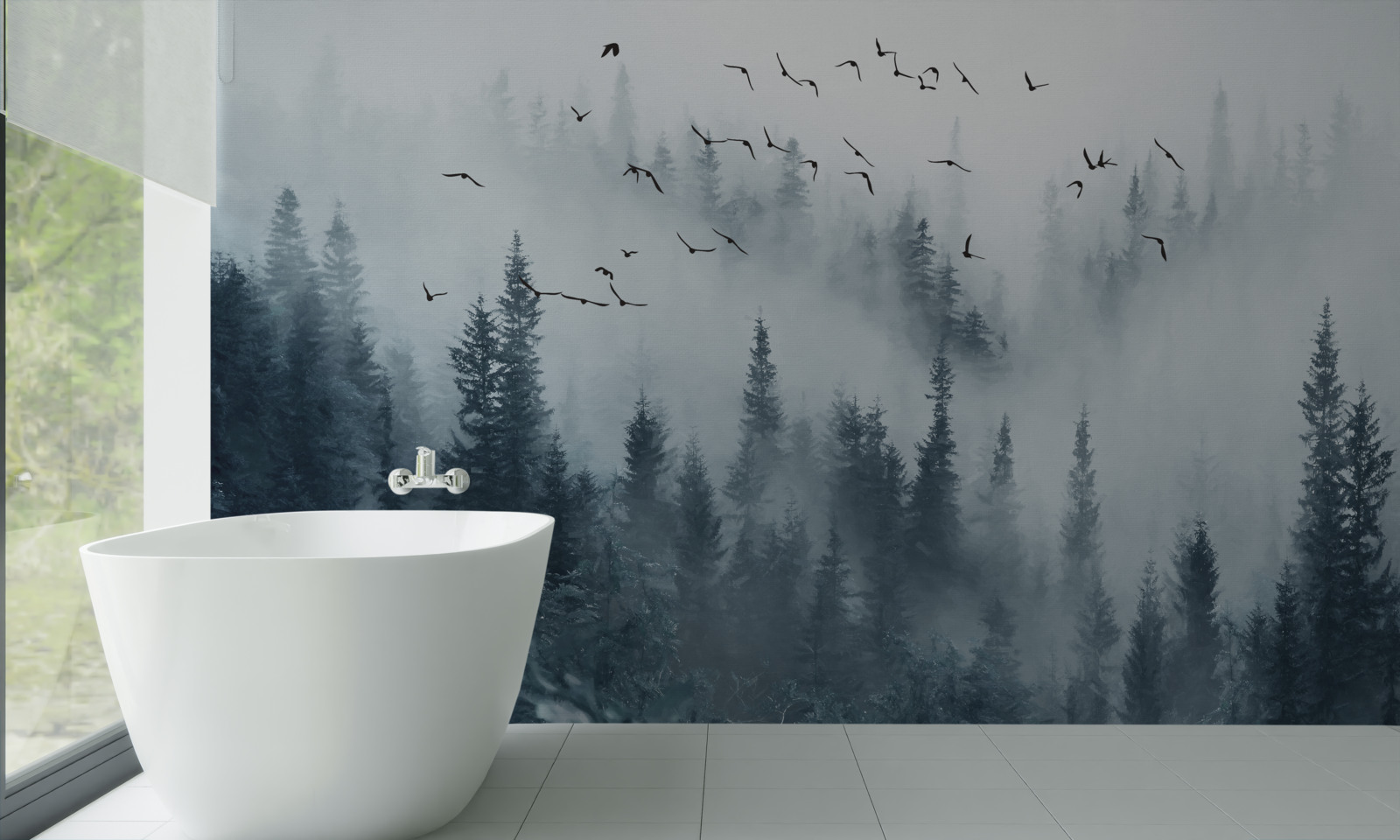 Фотошпалери ліс, оточений туманом, залишається під пролітаючими птахами