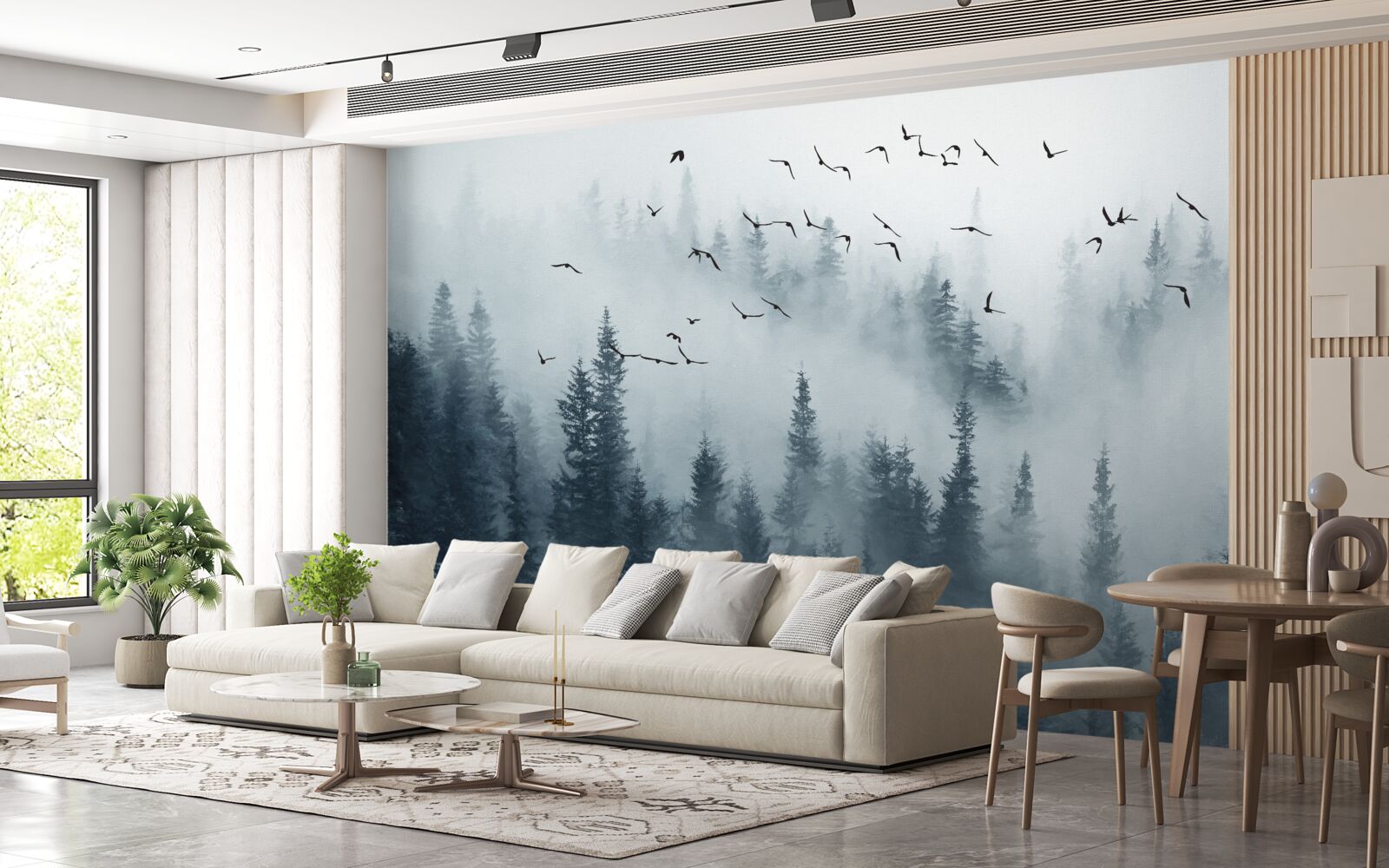 Фотошпалери ліс, оточений туманом, залишається під пролітаючими птахами