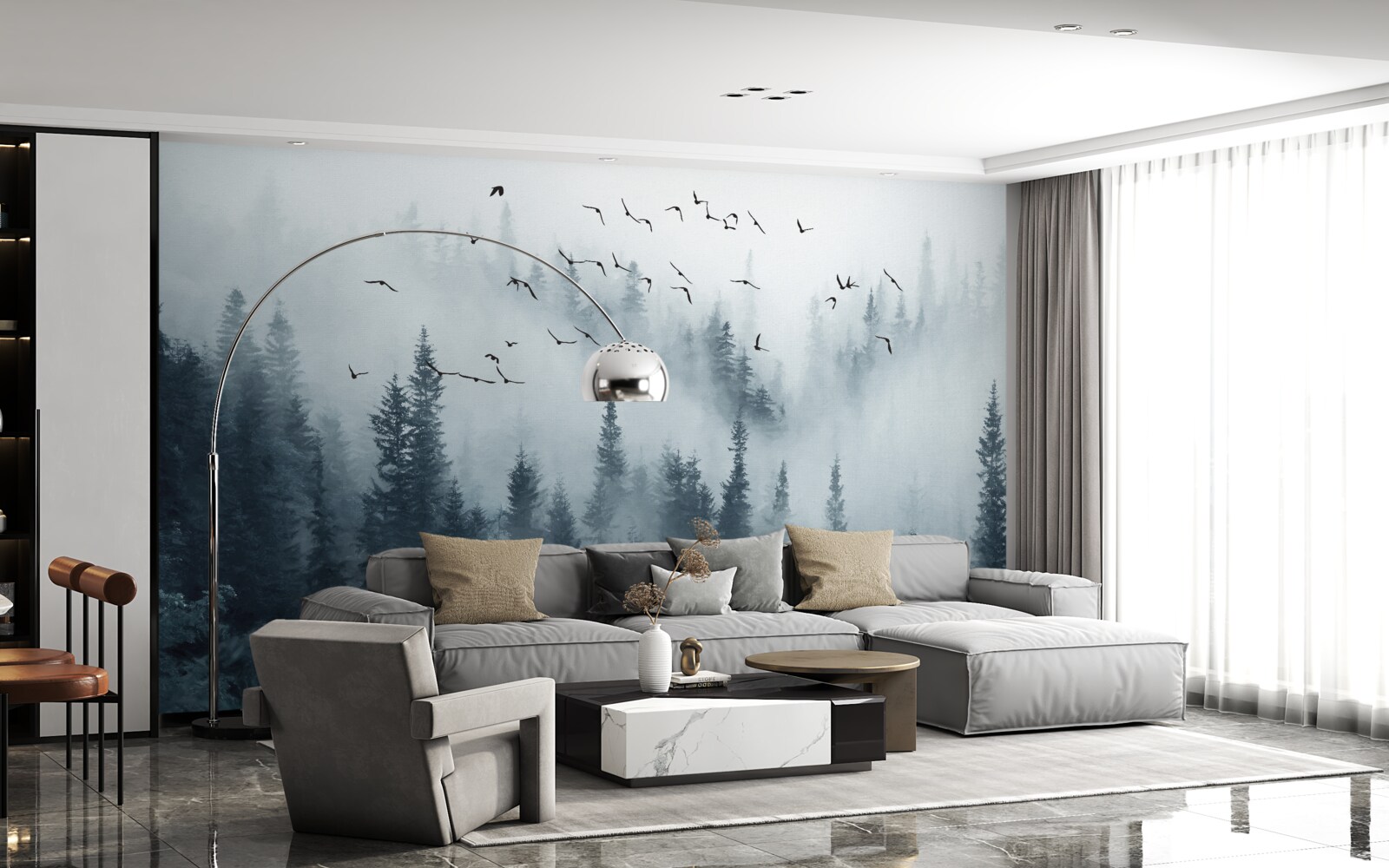 Фотошпалери ліс, оточений туманом, залишається під пролітаючими птахами
