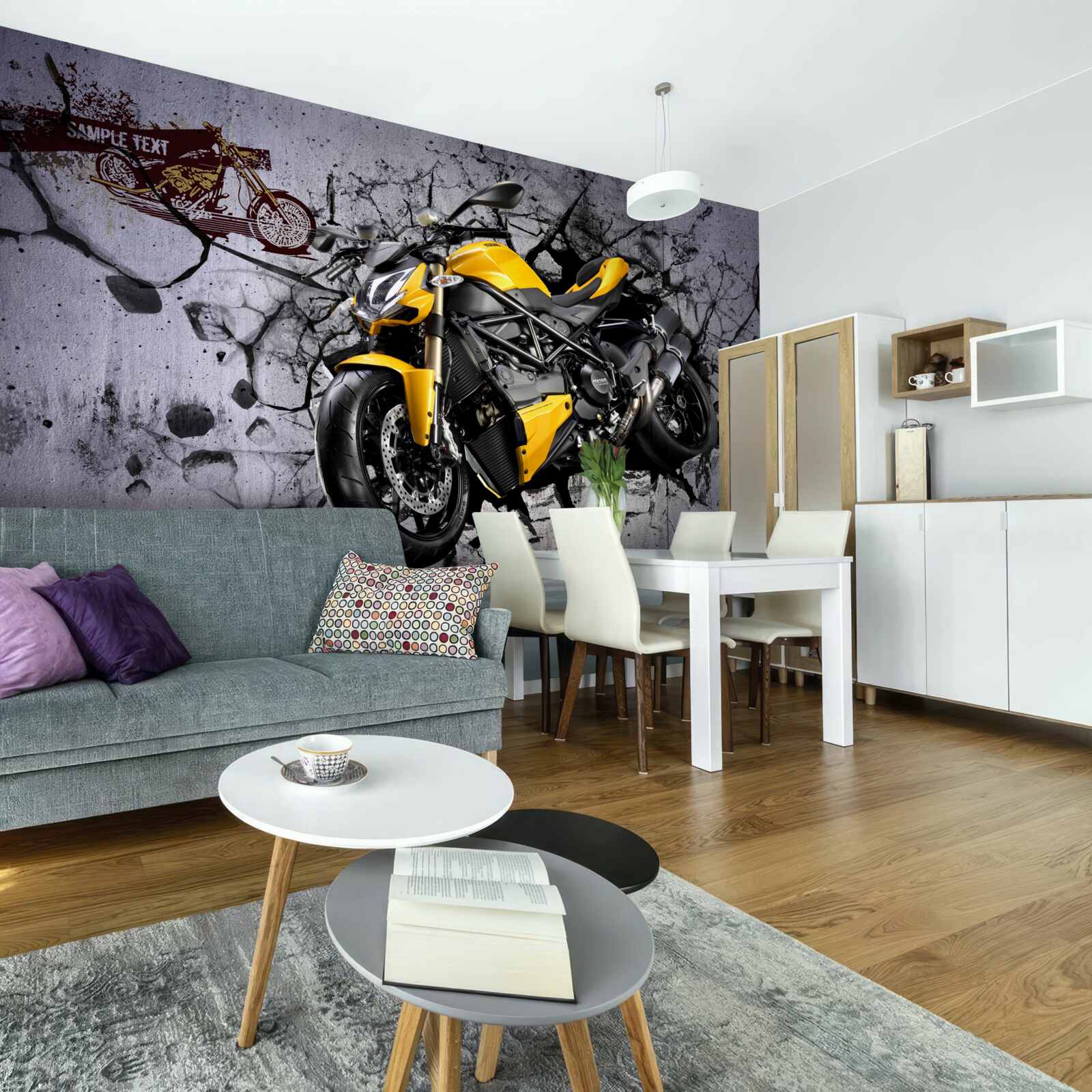 Фотошпалери Жовтий мотоцикл на тлі графіті