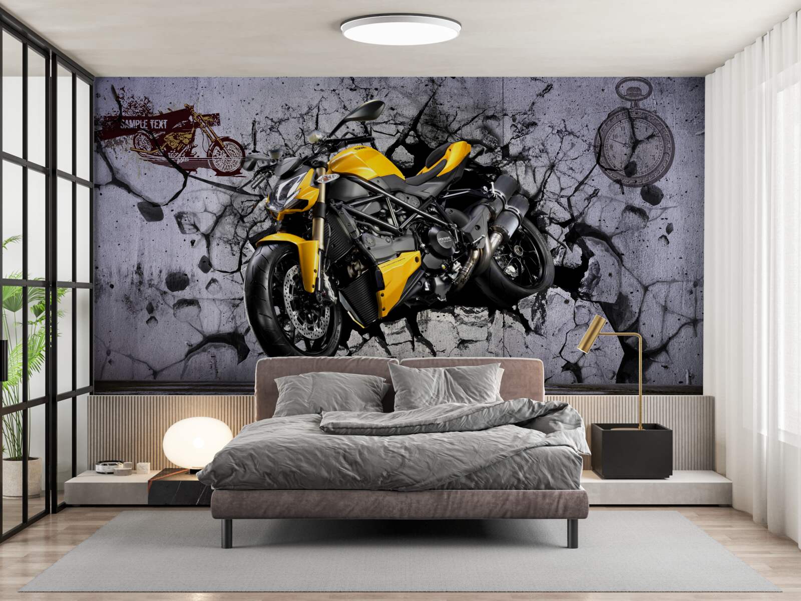 Фотошпалери Жовтий мотоцикл на тлі графіті