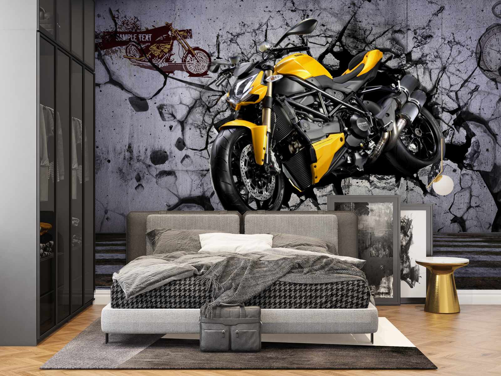Фотошпалери Жовтий мотоцикл на тлі графіті