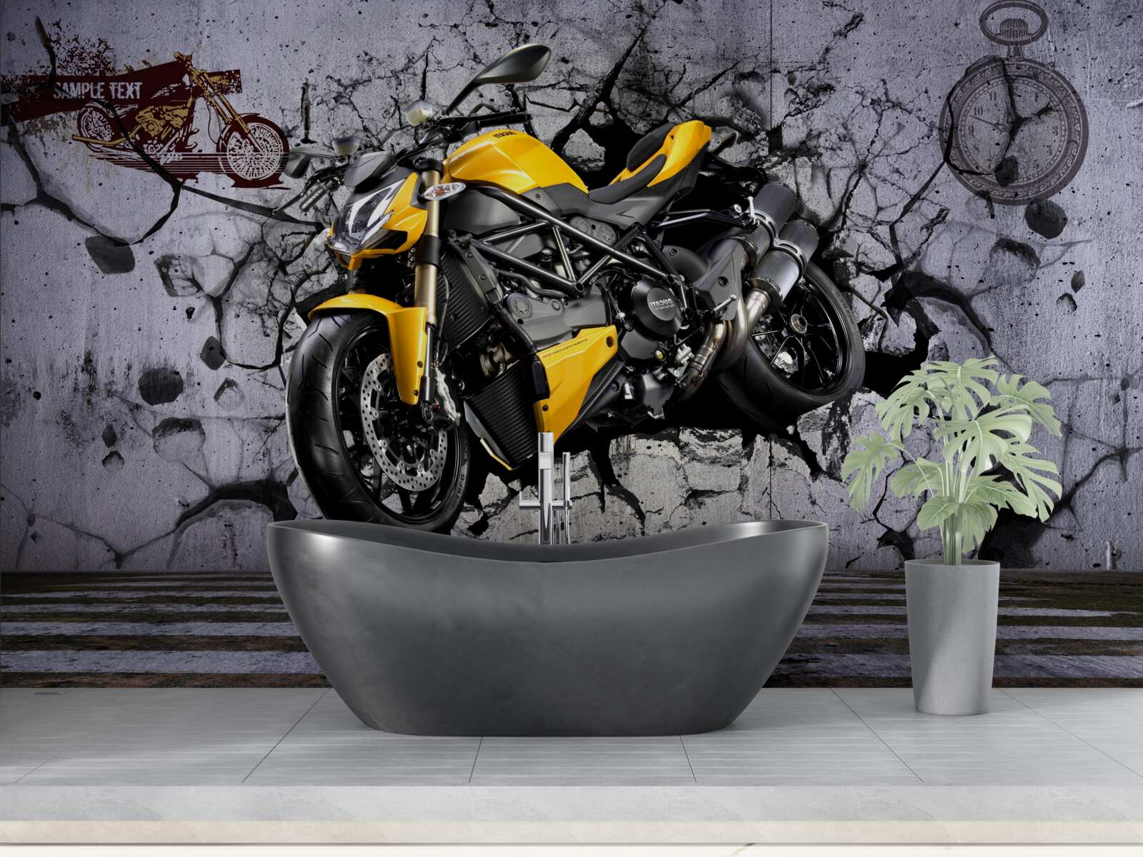 Фотошпалери Жовтий мотоцикл на тлі графіті
