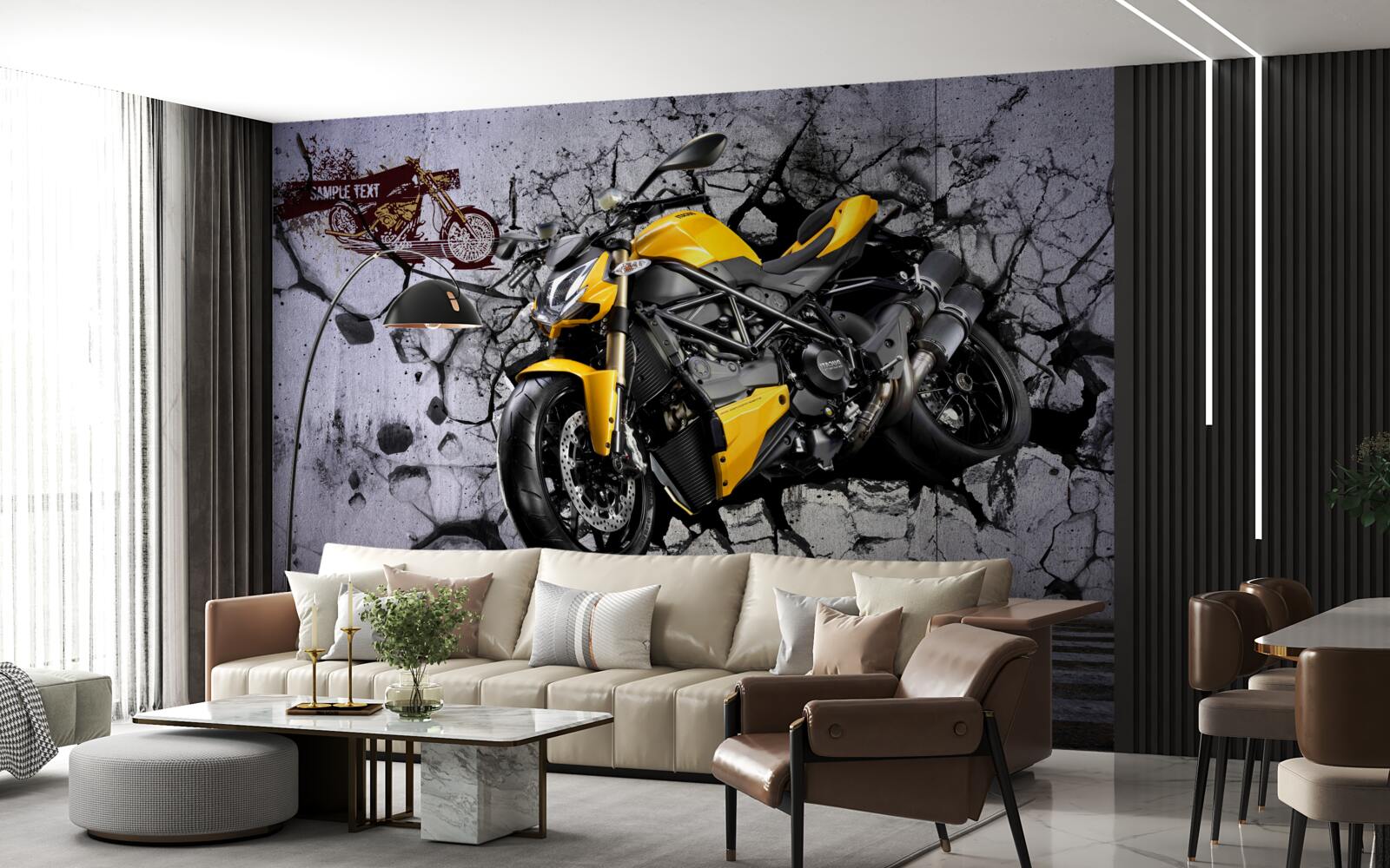 Фотошпалери Жовтий мотоцикл на тлі графіті
