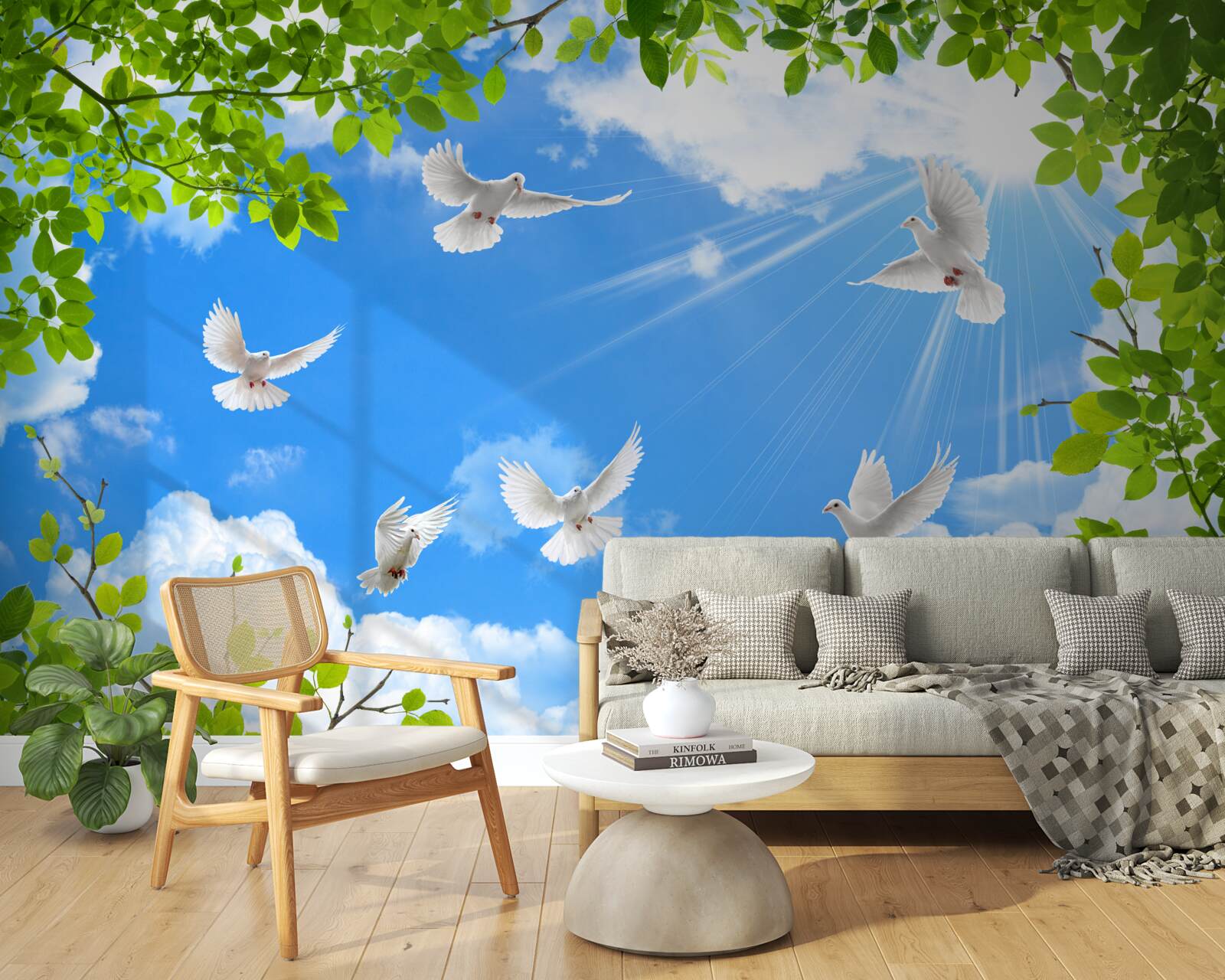 Фотошпалери голуби в зеленій оправі ковзають у блакитному небі