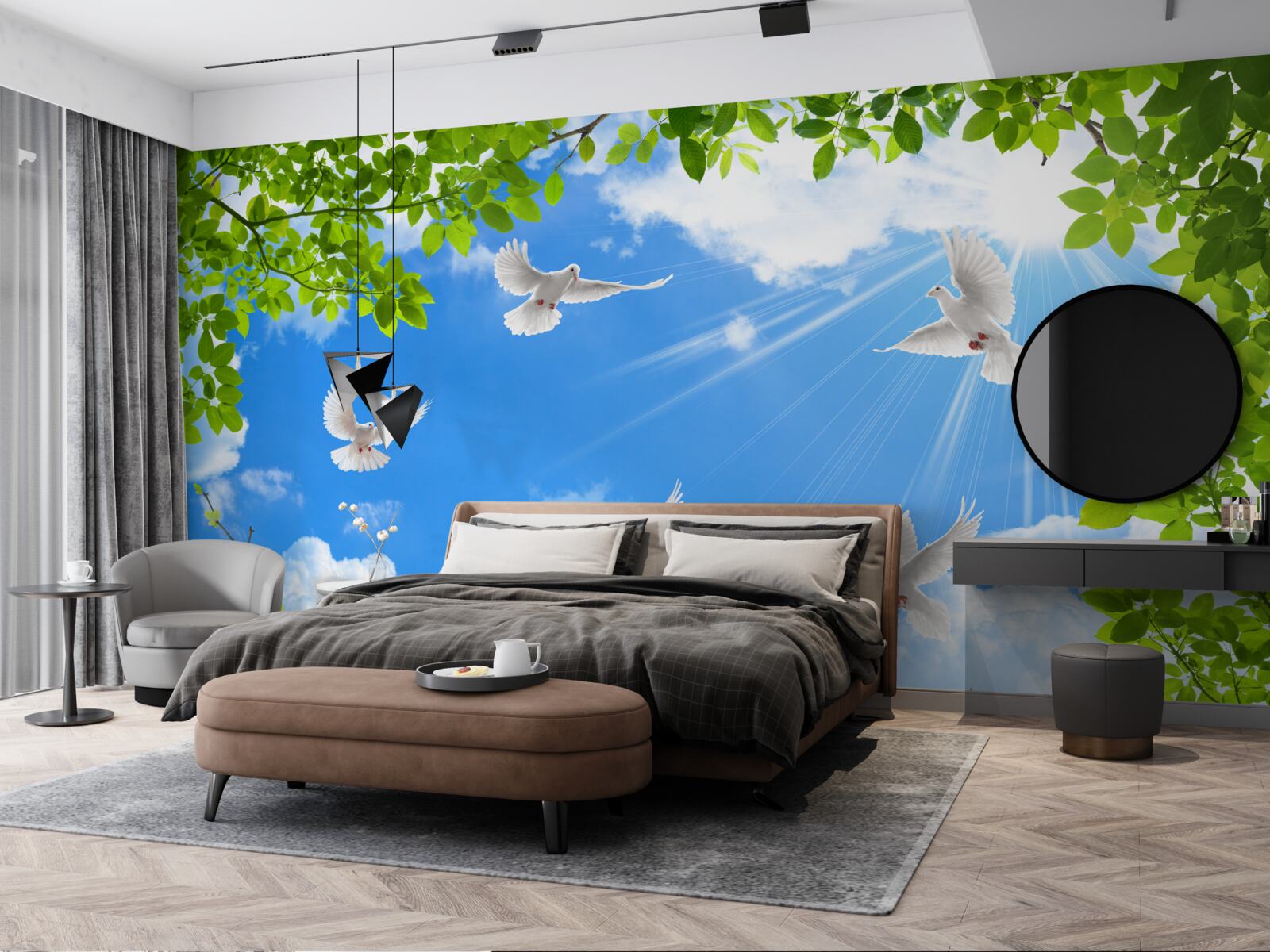 Фотошпалери голуби в зеленій оправі ковзають у блакитному небі