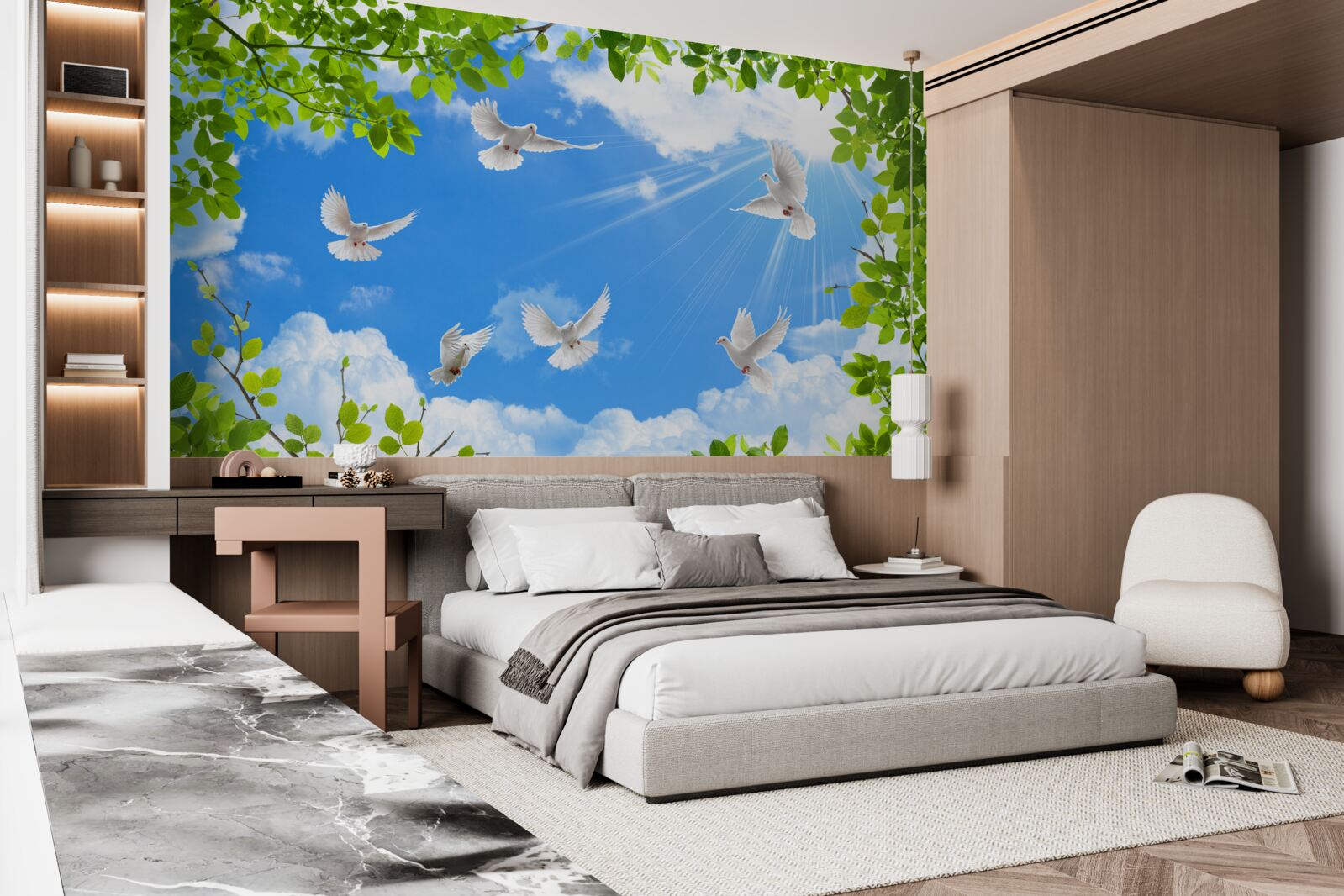 Фотошпалери голуби в зеленій оправі ковзають у блакитному небі