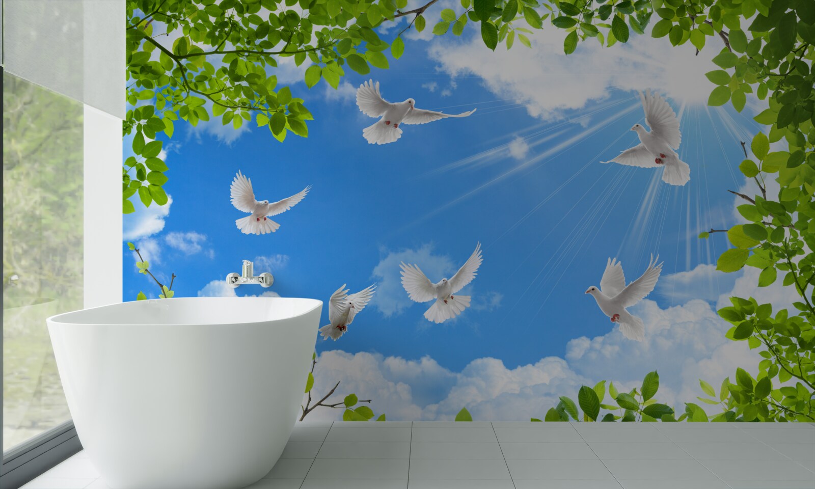 Фотошпалери голуби в зеленій оправі ковзають у блакитному небі