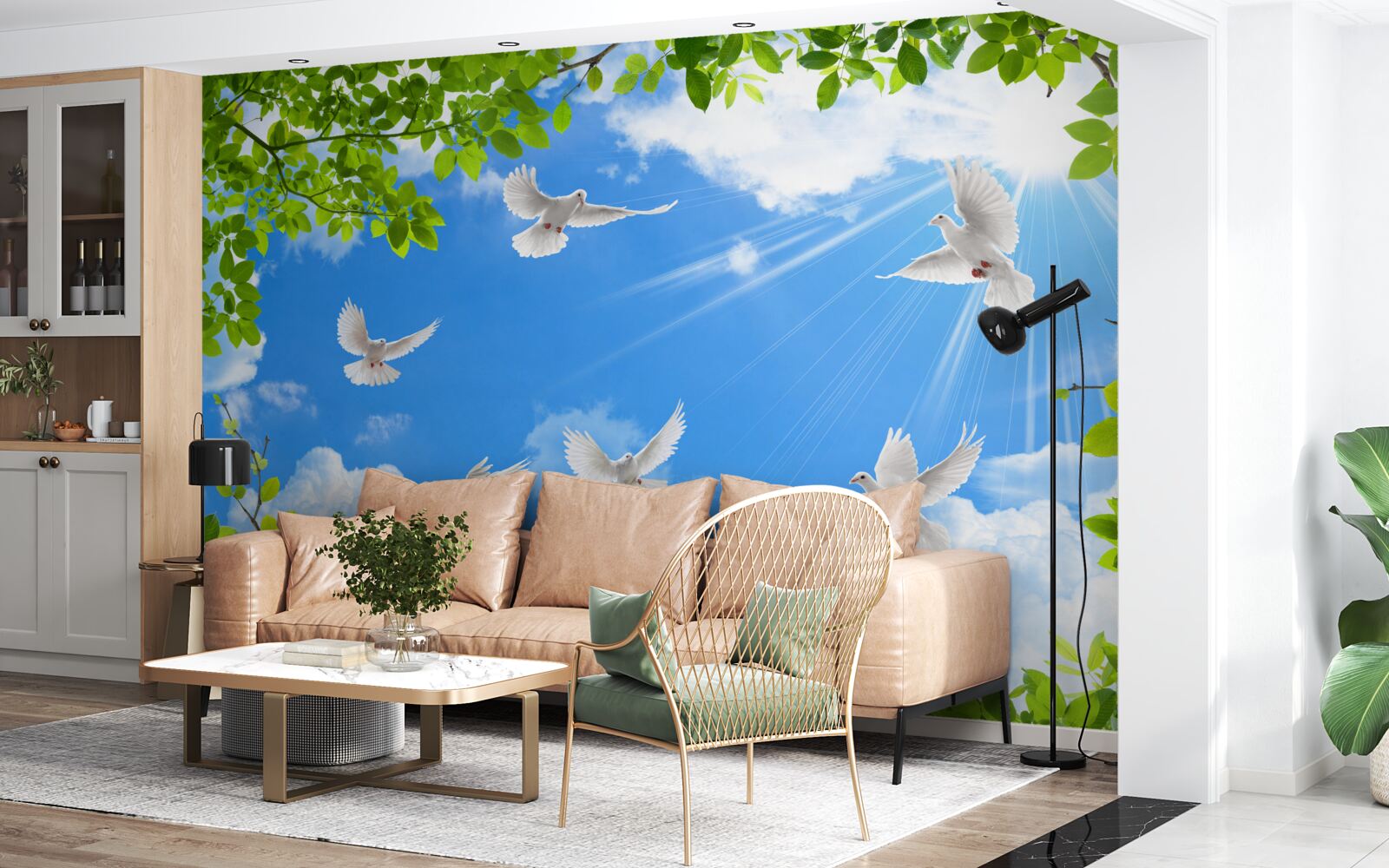 Фотошпалери голуби в зеленій оправі ковзають у блакитному небі