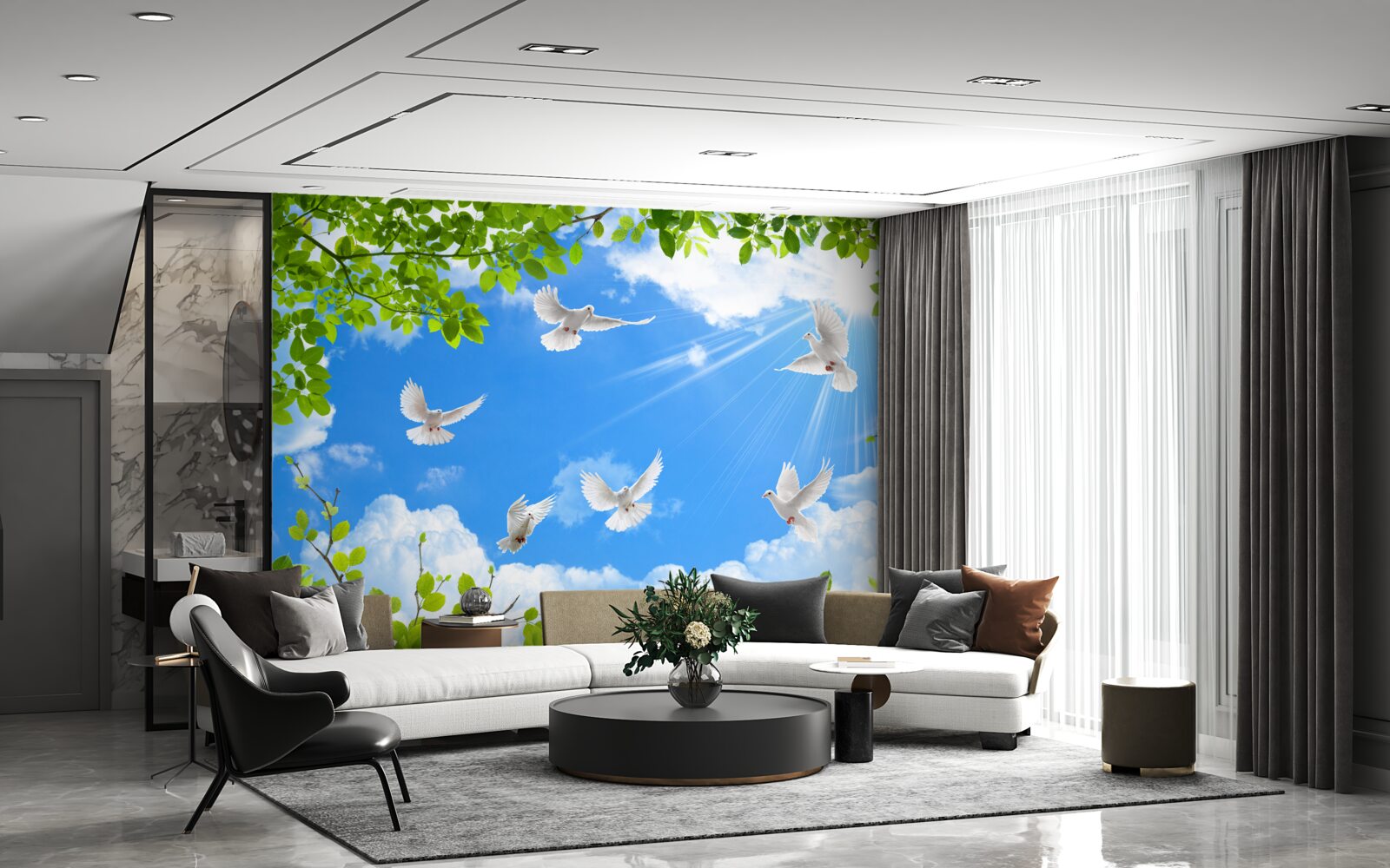 Фотошпалери голуби в зеленій оправі ковзають у блакитному небі