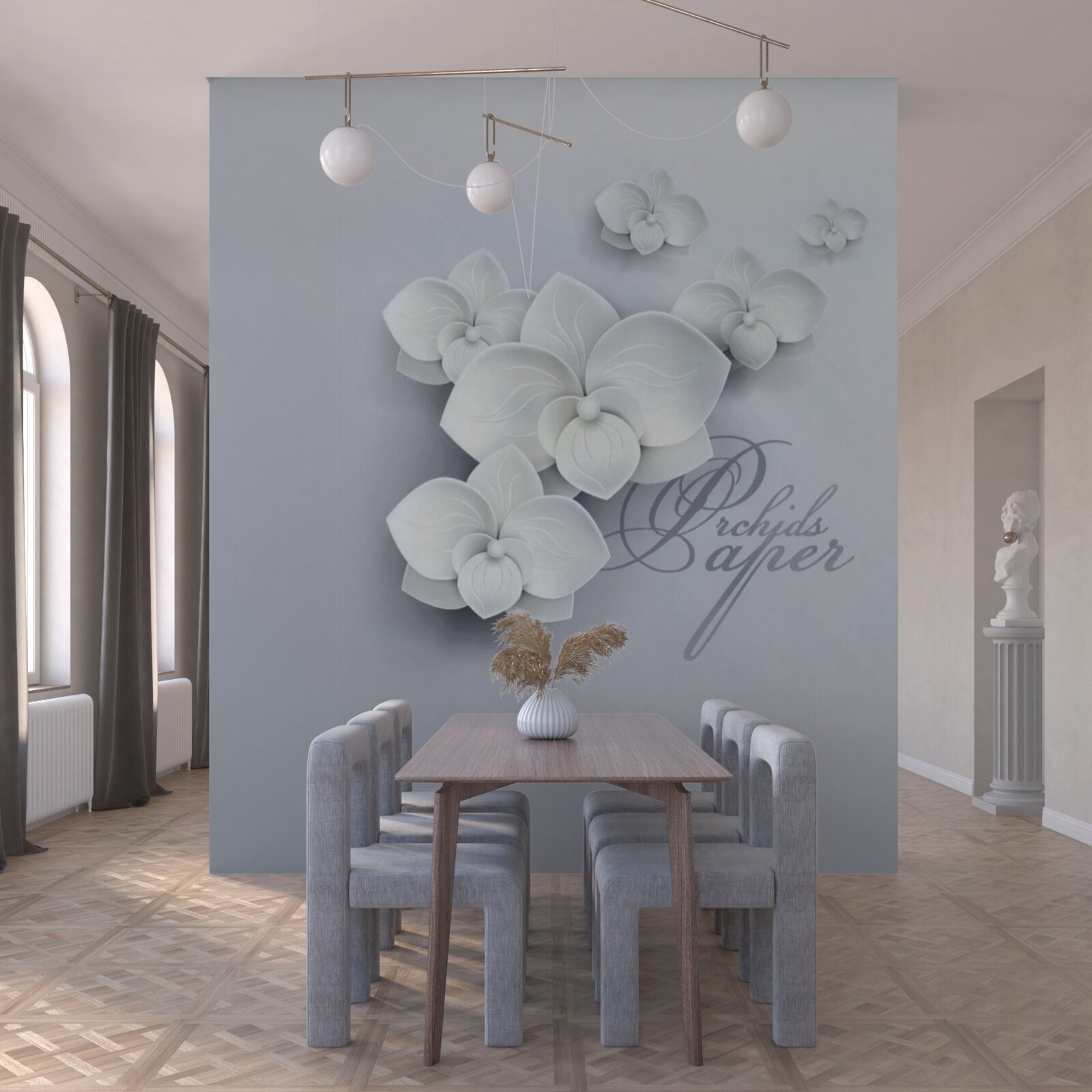 Фотошпалери сірий фон, прикрашений білими орхідеями