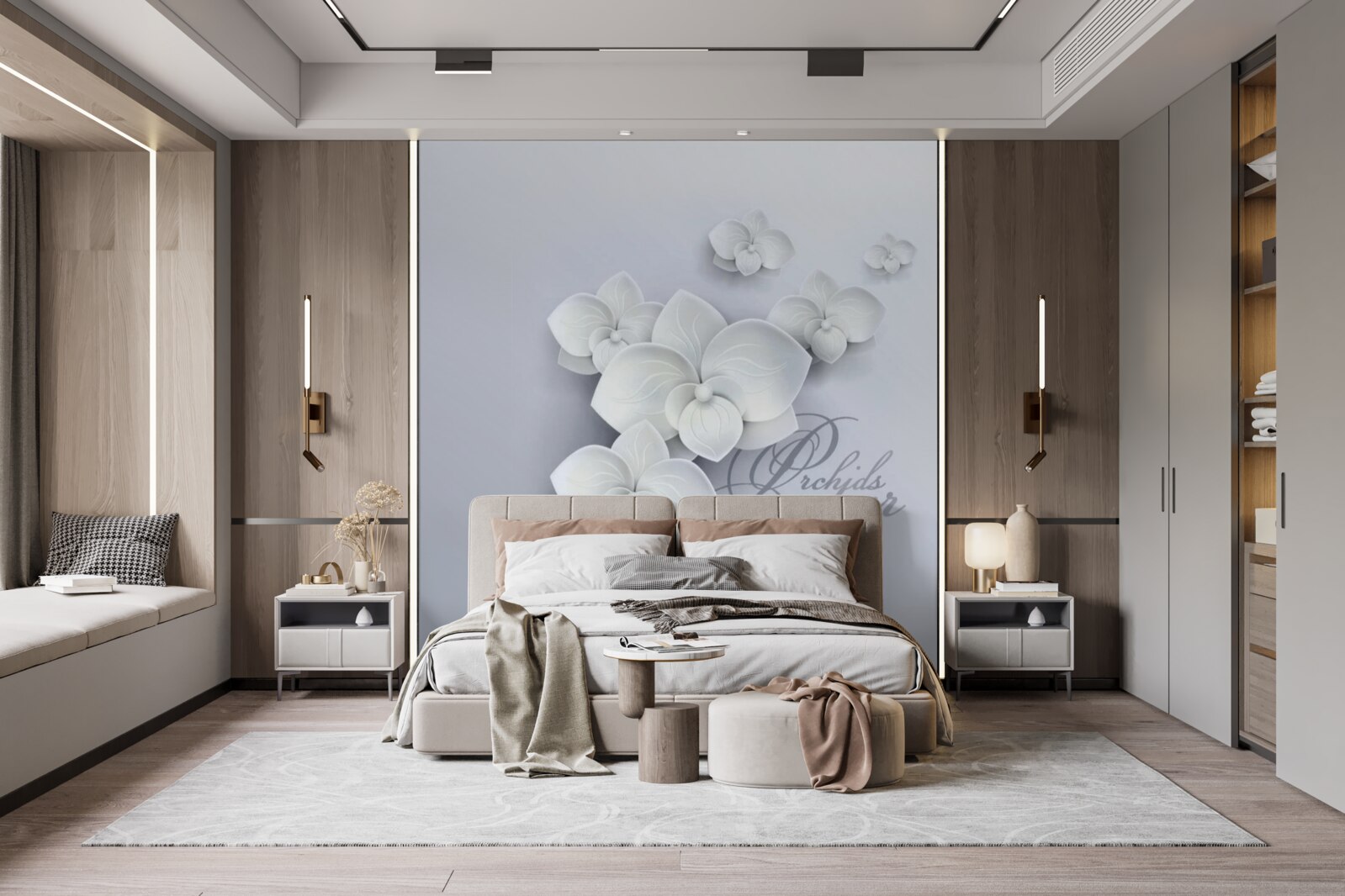 Фотошпалери сірий фон, прикрашений білими орхідеями