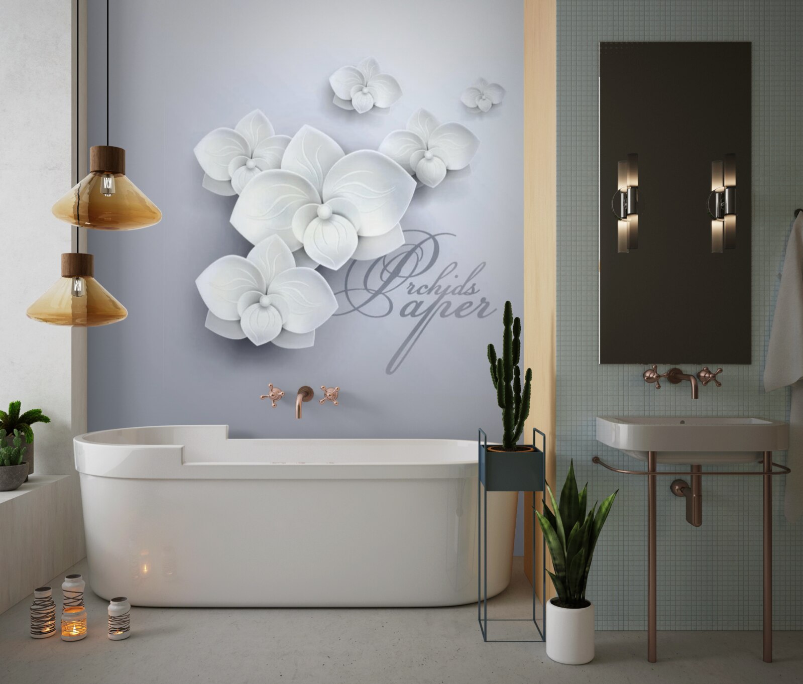 Фотошпалери сірий фон, прикрашений білими орхідеями