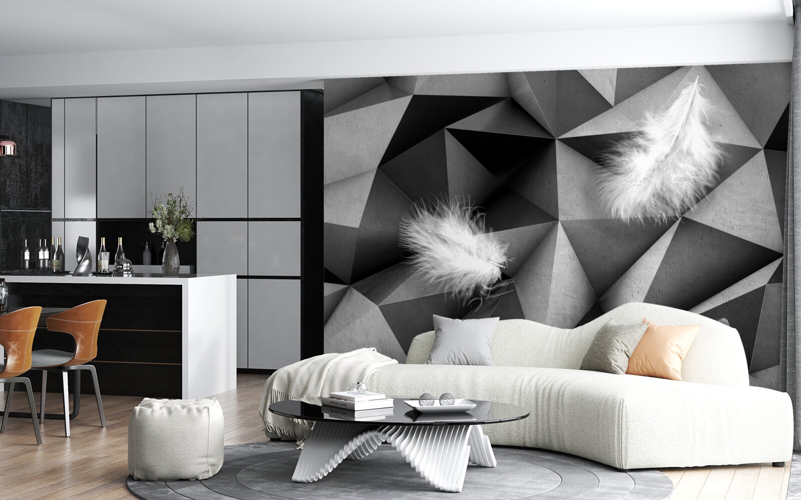 Фотошпалери біле пір'я та кубістичний стиль