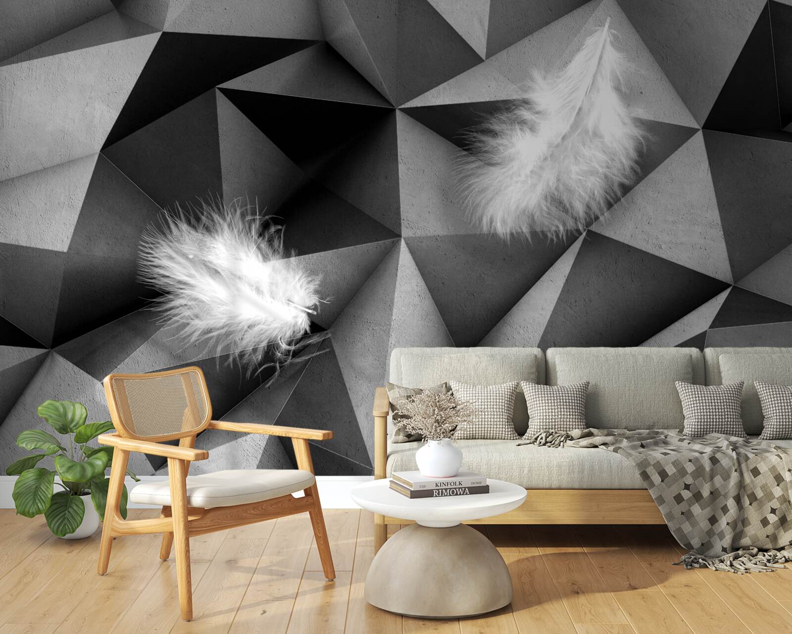 Фотошпалери біле пір'я та кубістичний стиль