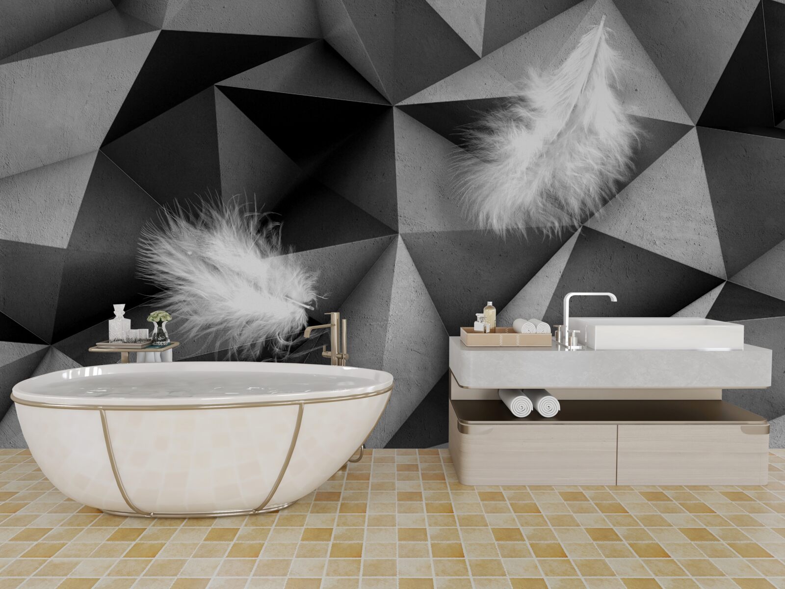 Фотошпалери біле пір'я та кубістичний стиль