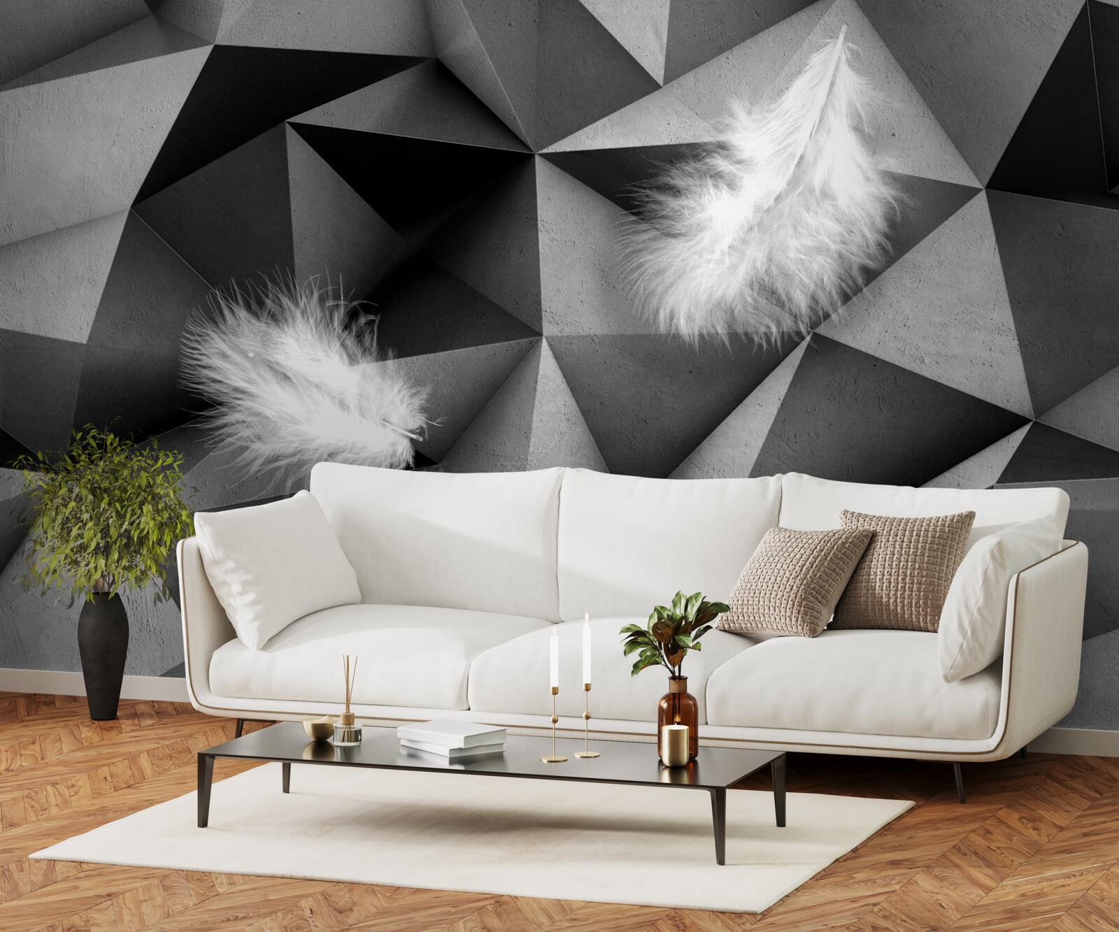 Фотошпалери біле пір'я та кубістичний стиль