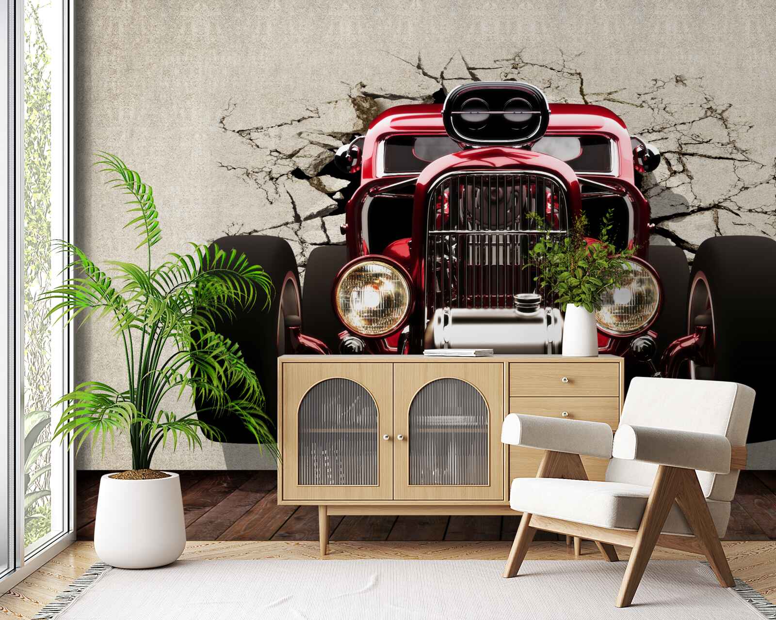 Фотошпалери зі стіни виїжджає червона машина