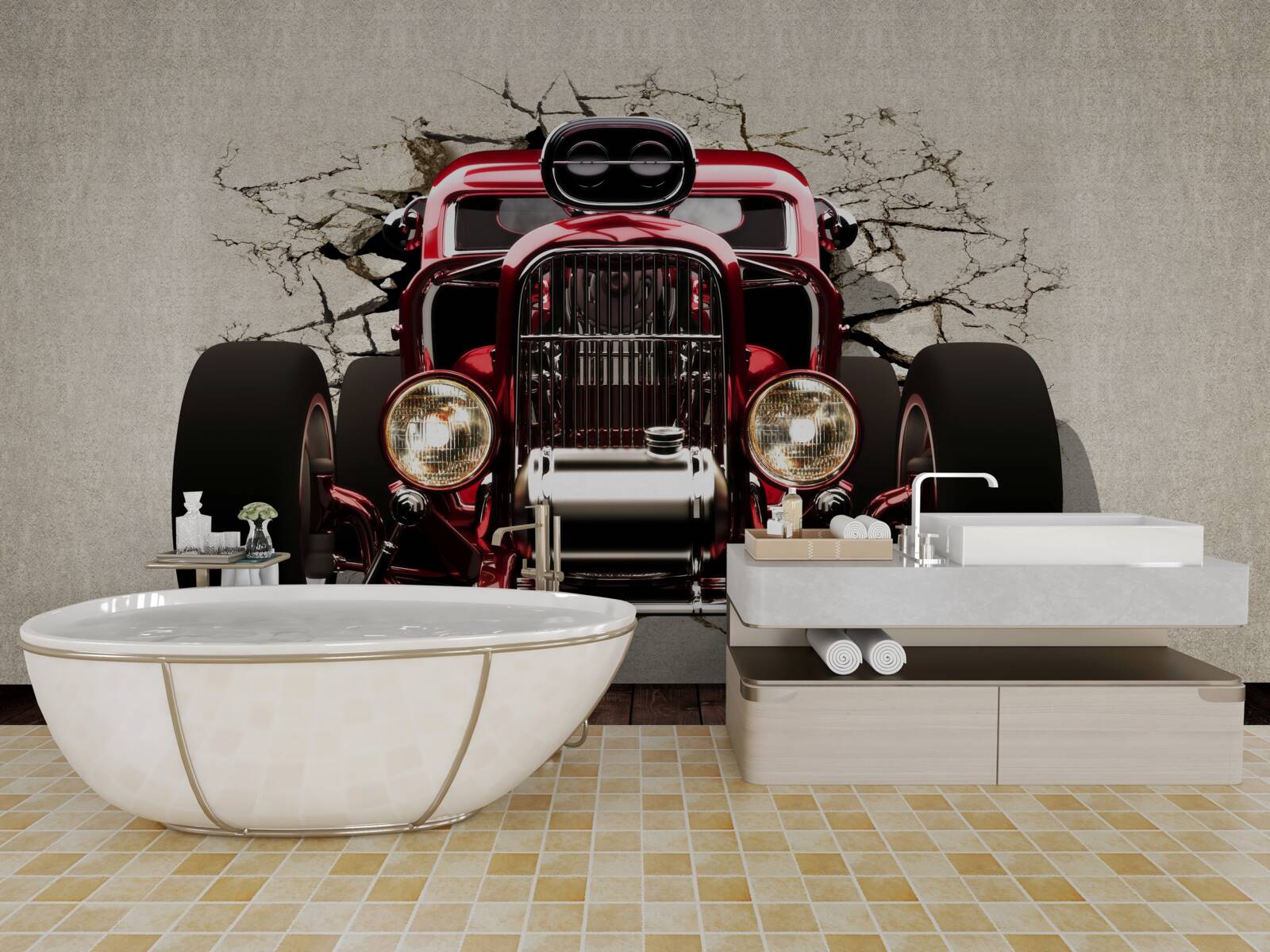 Фотошпалери зі стіни виїжджає червона машина