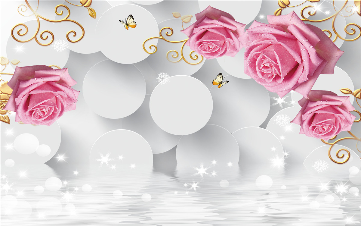 Фотошпалери білі кола обрамляють рожеві троянди