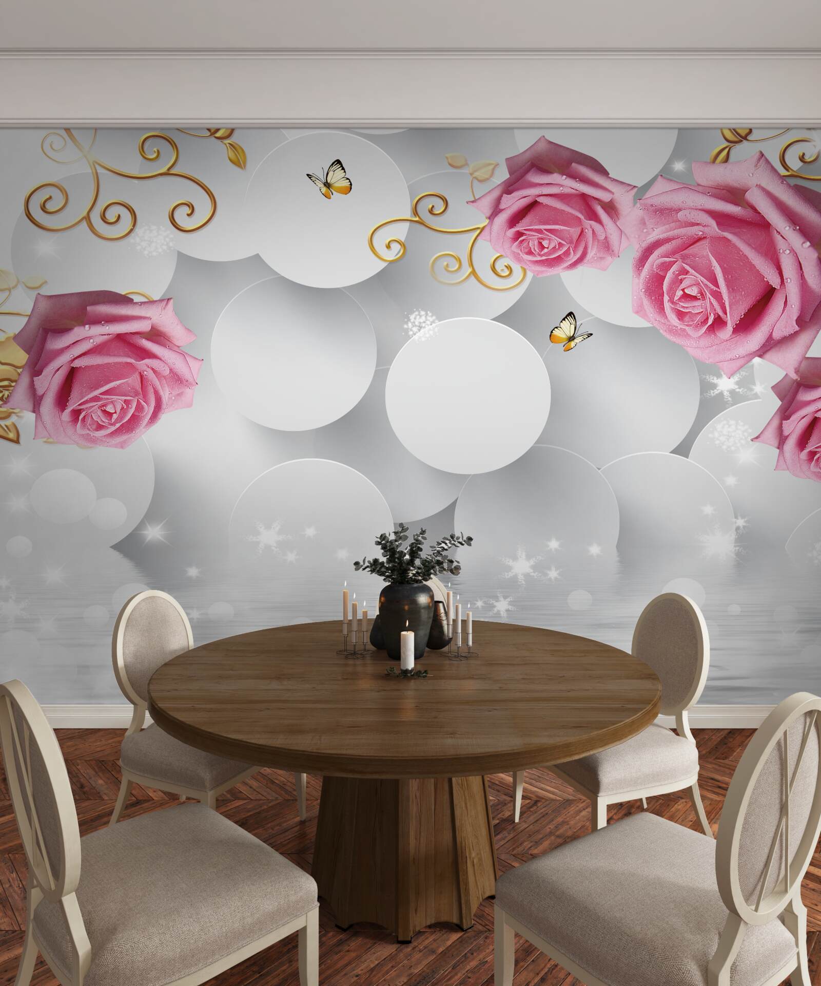Фотошпалери білі кола обрамляють рожеві троянди