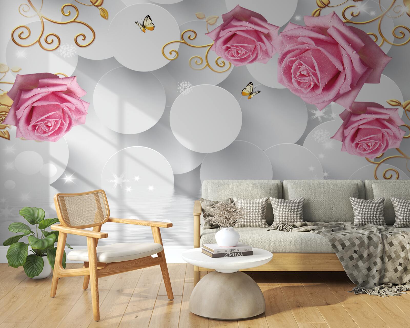 Фотошпалери білі кола обрамляють рожеві троянди