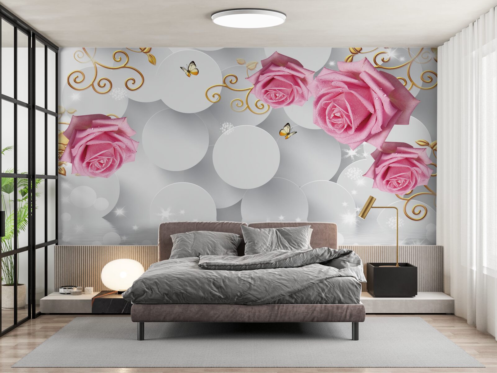 Фотошпалери білі кола обрамляють рожеві троянди