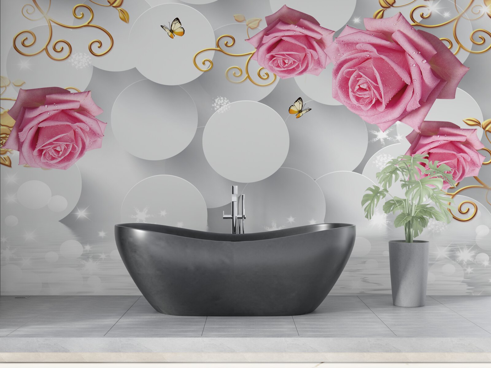 Фотошпалери білі кола обрамляють рожеві троянди