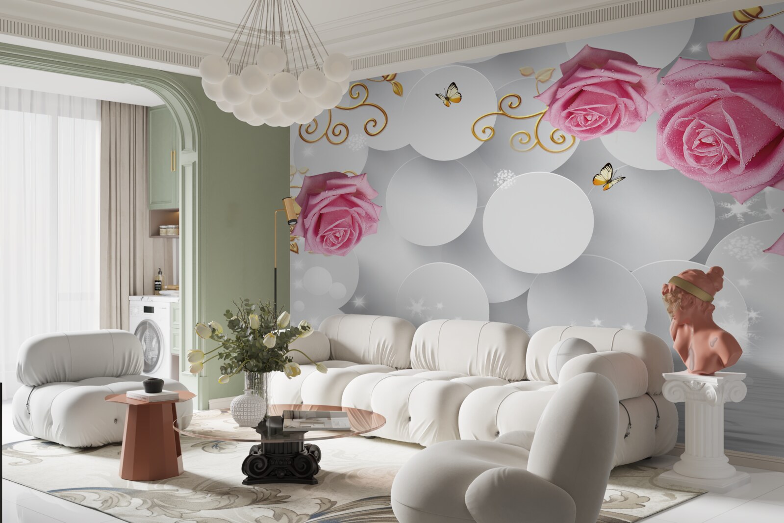 Фотошпалери білі кола обрамляють рожеві троянди