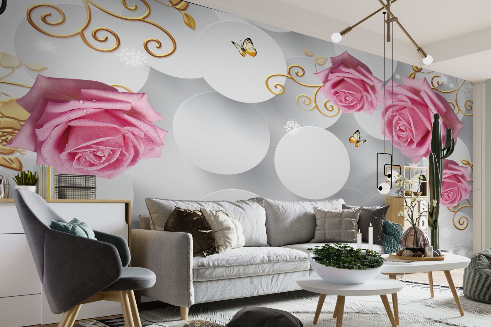 Фотошпалери білі кола обрамляють рожеві троянди
