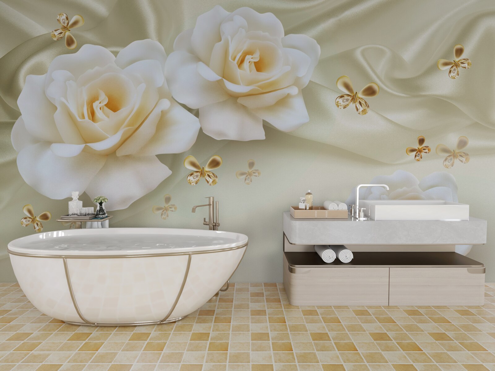 Фотошпалери кремові троянди на світлому фоні